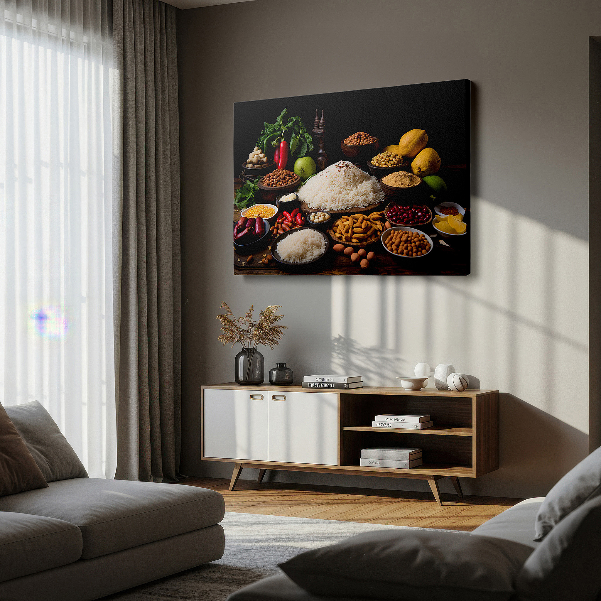 Gently illuminated by ambient lighting in an entryway — wall art: celebrating nature's bounty and culinary diversity on a rustic table - large canvas wall art for home and office decor