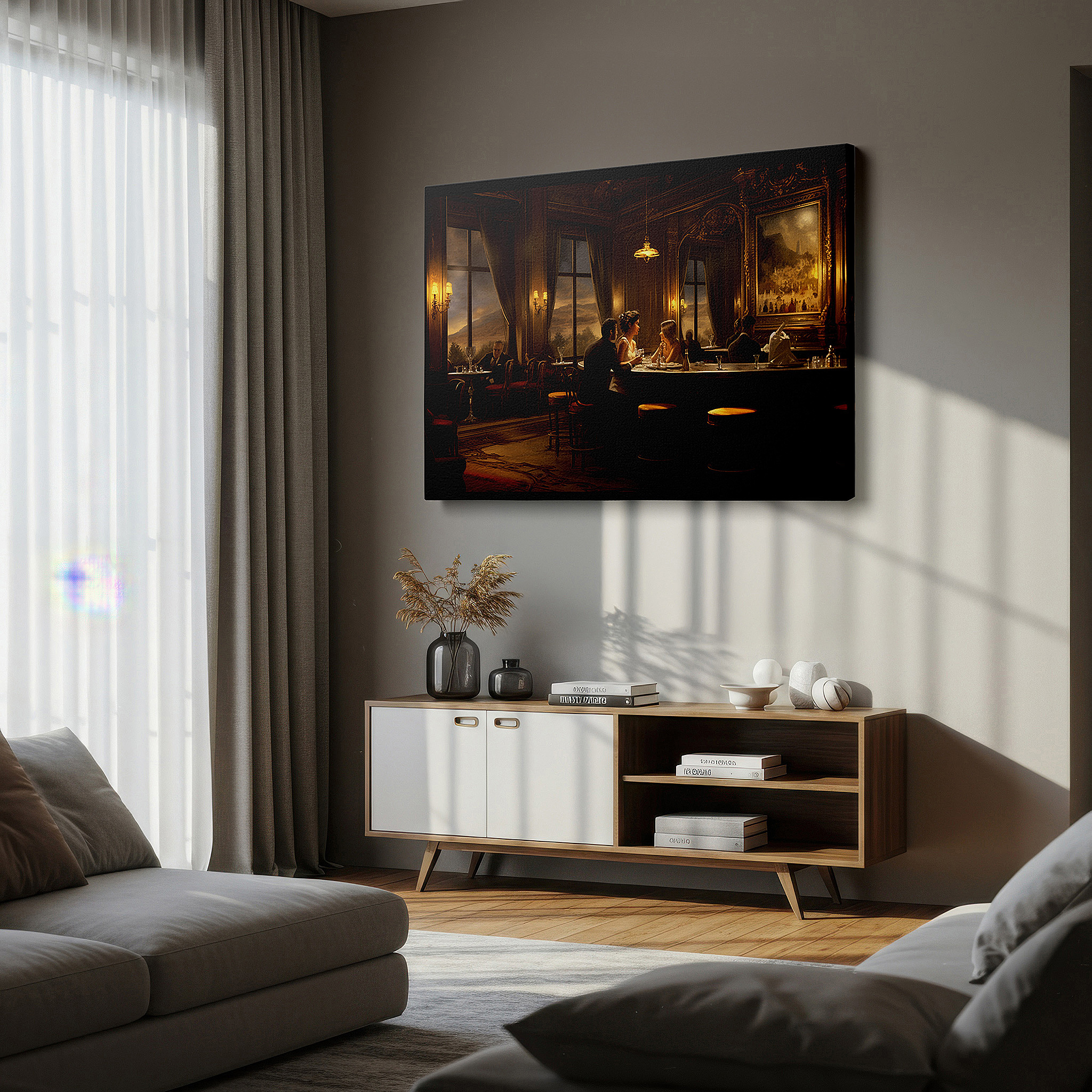 Gently illuminated by ambient lighting in an entryway — wall art: experience elegance and luxury in a bar setting with sophisticated, warm large canvas art perfect for office or home decor.