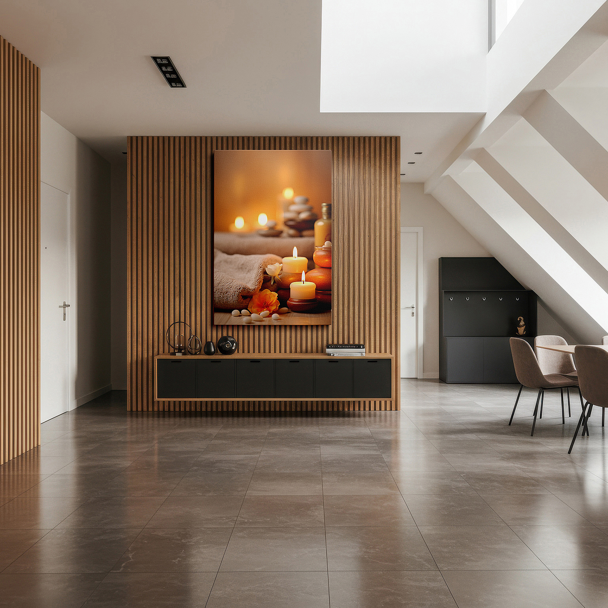 Gently illuminated by ambient lighting in an entryway — wall art: experience serenity with candles and stones, large spa-themed canvas art for home and office decor, perfect for bedrooms and living spaces