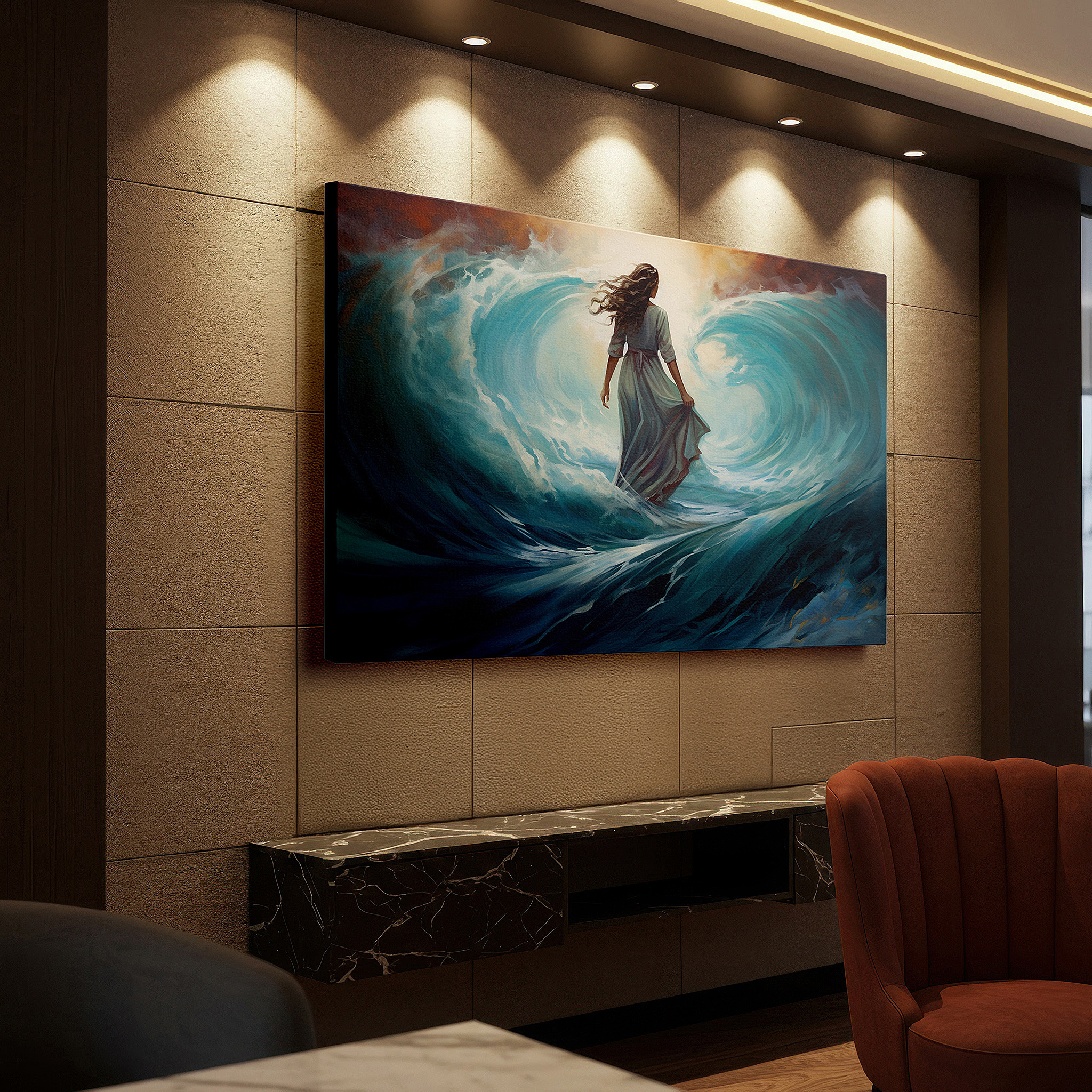 Gently illuminated by ambient lighting in an entryway — wall art: human resilience amidst nature's grandeur - a timeless dance of waves and will. large canvas wall art for office and bedroom decor