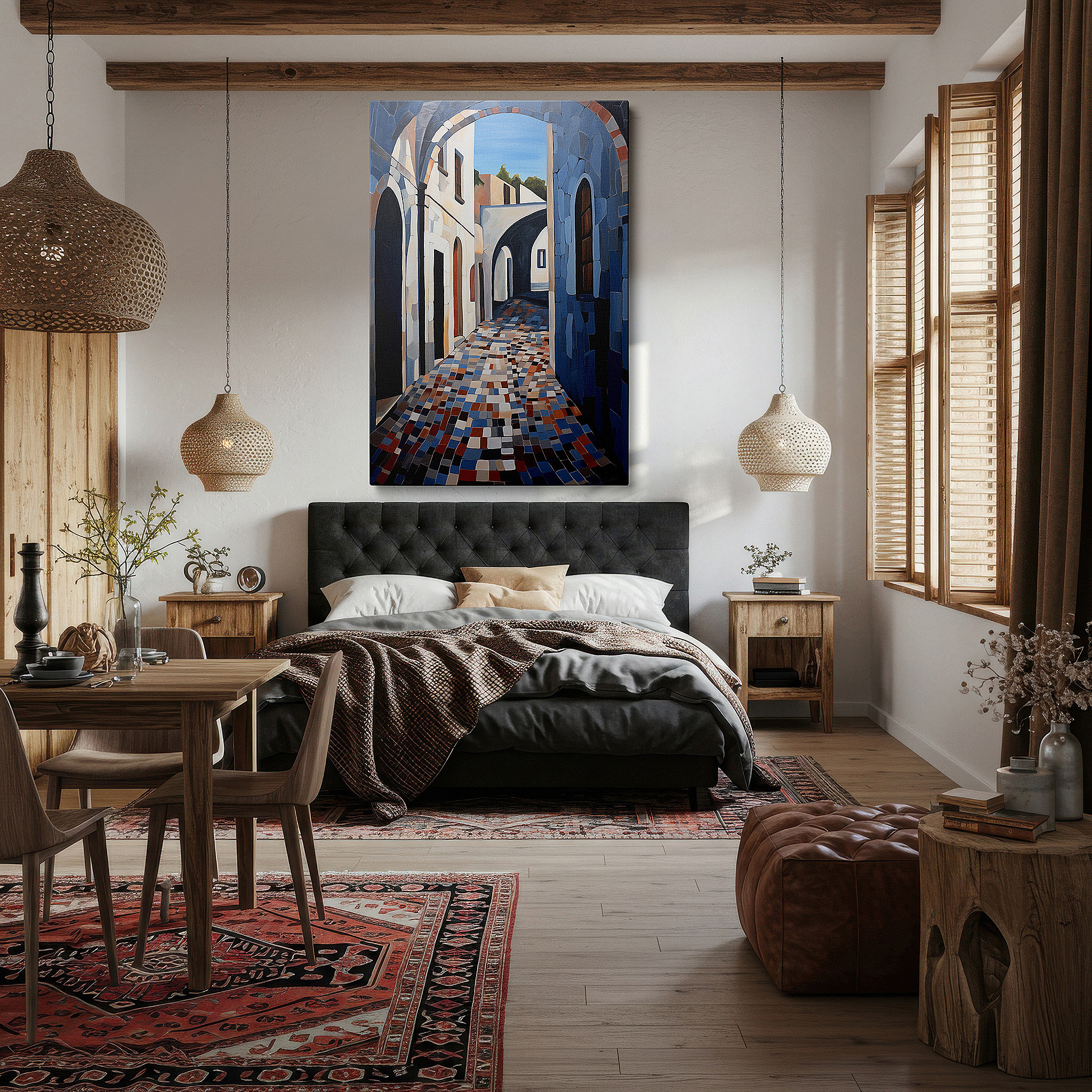 Gently illuminated by ambient lighting in an entryway — wall art: peaceful cobblestone alley in the city center, sunlit textures for a serene urban retreat - large canvas wall art for home and office decor