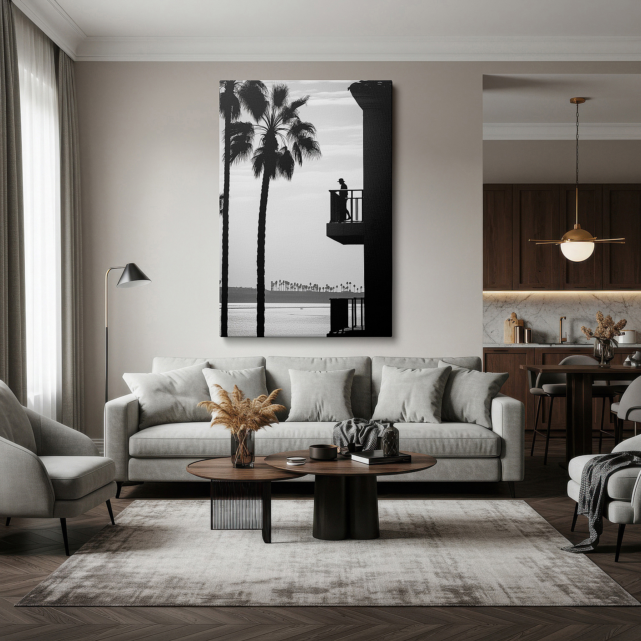 Gently illuminated by ambient lighting in an entryway — wall art: peaceful solitude on a balcony with a view of a quiet coastal landscape and palm trees - large canvas wall art for home and office decor