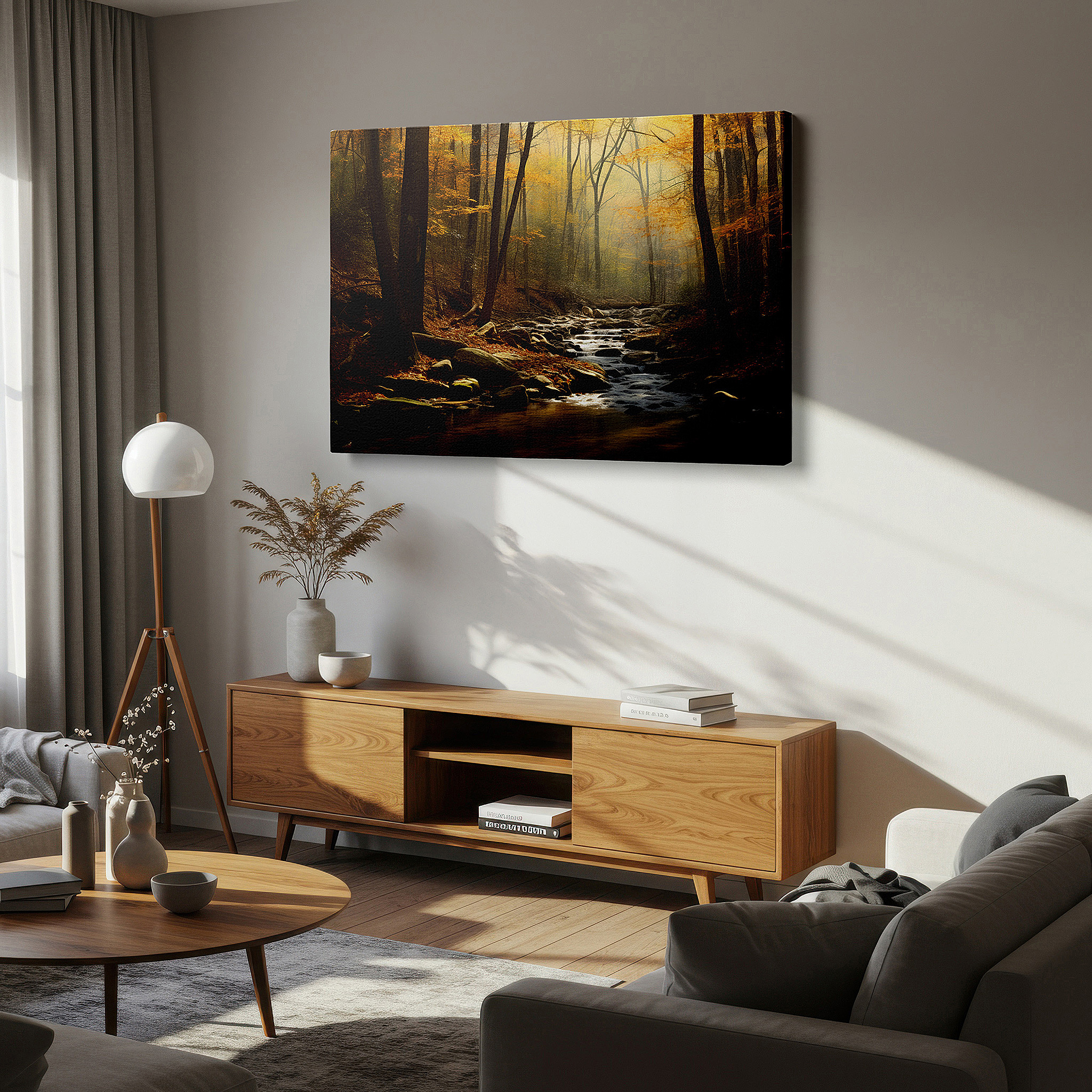 Gently illuminated by ambient lighting in an entryway — wall art: serene stream amidst autumn's vibrant canopy - a peaceful retreat for reflection, large canvas wall art for home and office decor, perfect for living room and bedroom