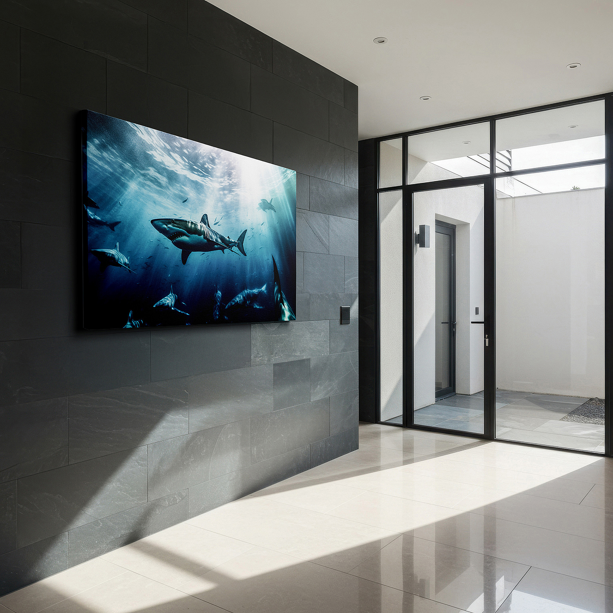 Gently illuminated by ambient lighting in an entryway — wall art: serene underwater journey - majestic sharks and luminous seas. large canvas wall art for office and bedroom decor