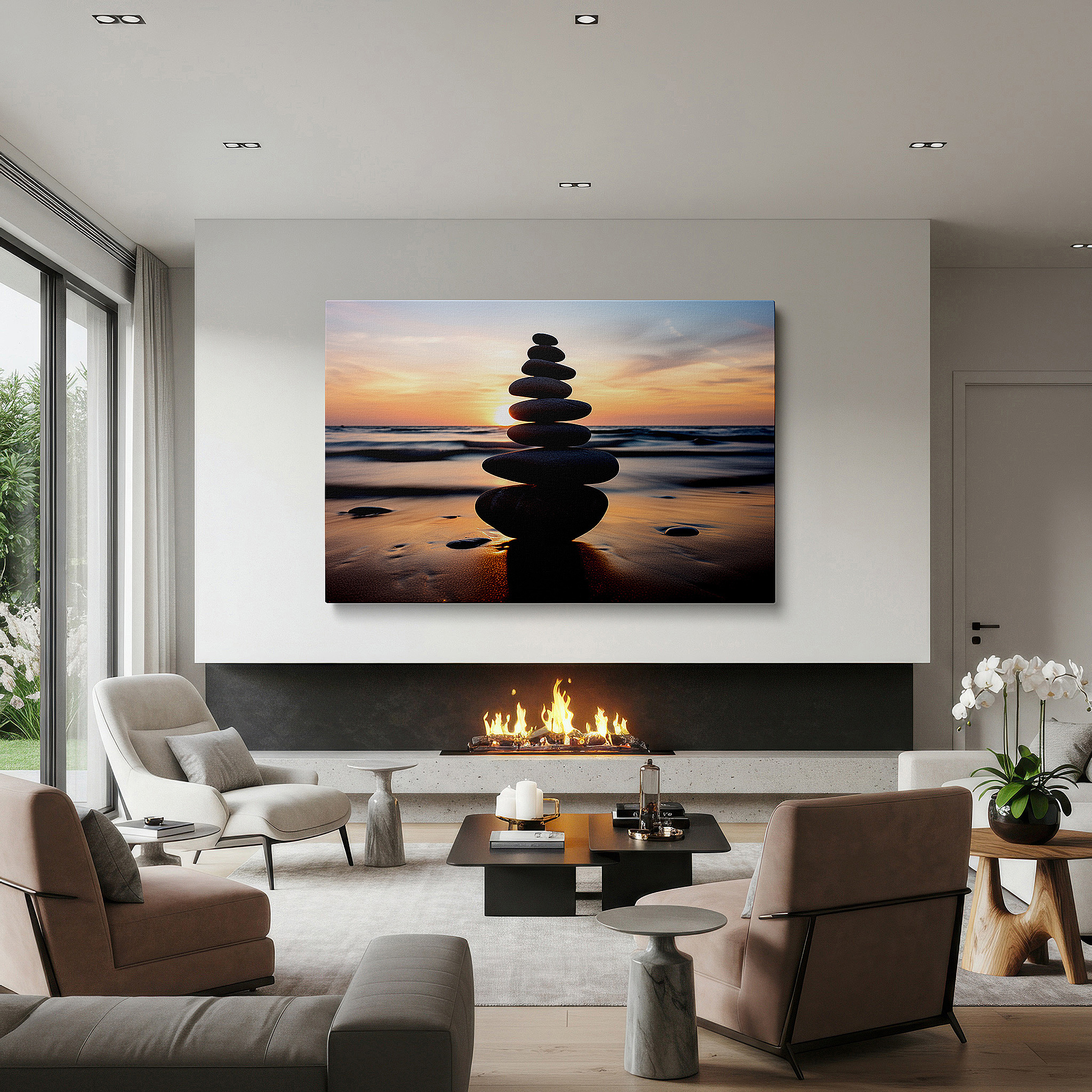 Gently illuminated by ambient lighting in an entryway — wall art: tranquil oasis featuring pebbles silhouetted against a fiery sunset, representing balance and serenity - large canvas wall art for home and office decor