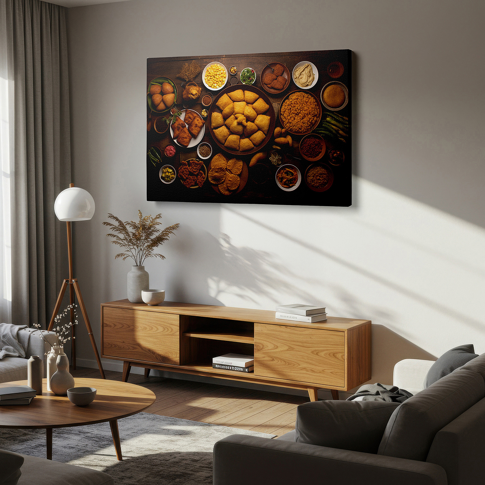Gently illuminated by ambient lighting in an entryway — wall art: a visual celebration of india's diverse cuisine - featuring large canvas pieces perfect for office or bedroom decor