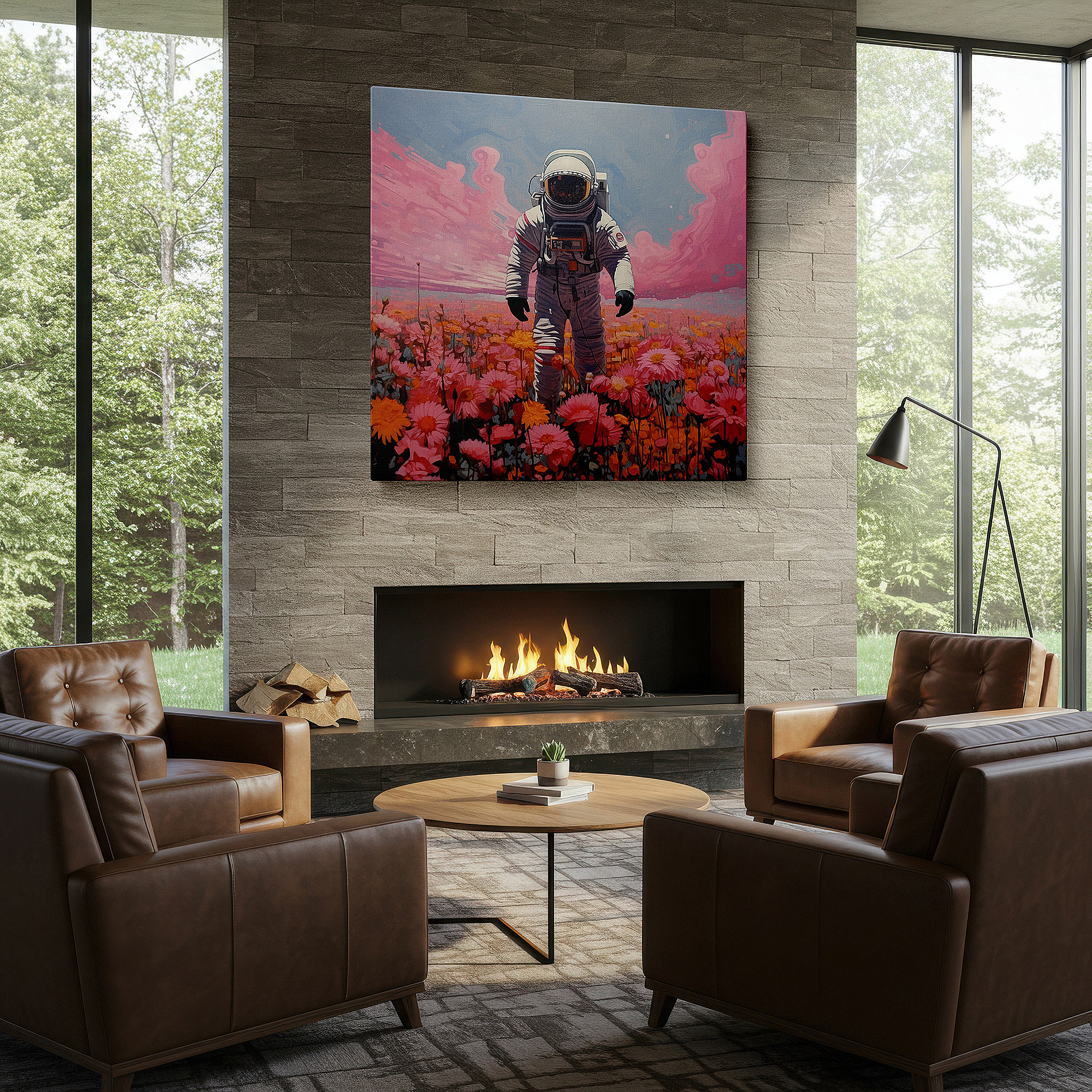 Gently illuminated by ambient lighting in an entryway — wall decor: astronaut with glowing flowers - a surreal fusion of space adventure and natural charm, large canvas art for home and office