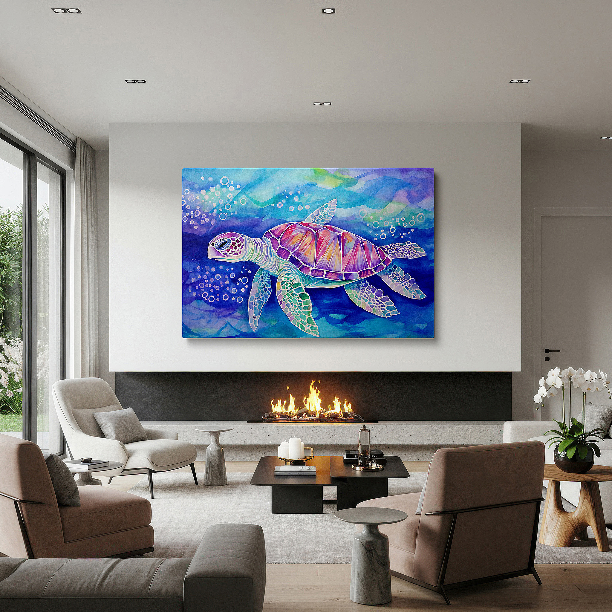 Gently illuminated by ambient lighting in an entryway — wall decor: elegant turtle traverses blue waters, representing oceanic knowledge and preservation - large canvas wall art for home and office decor