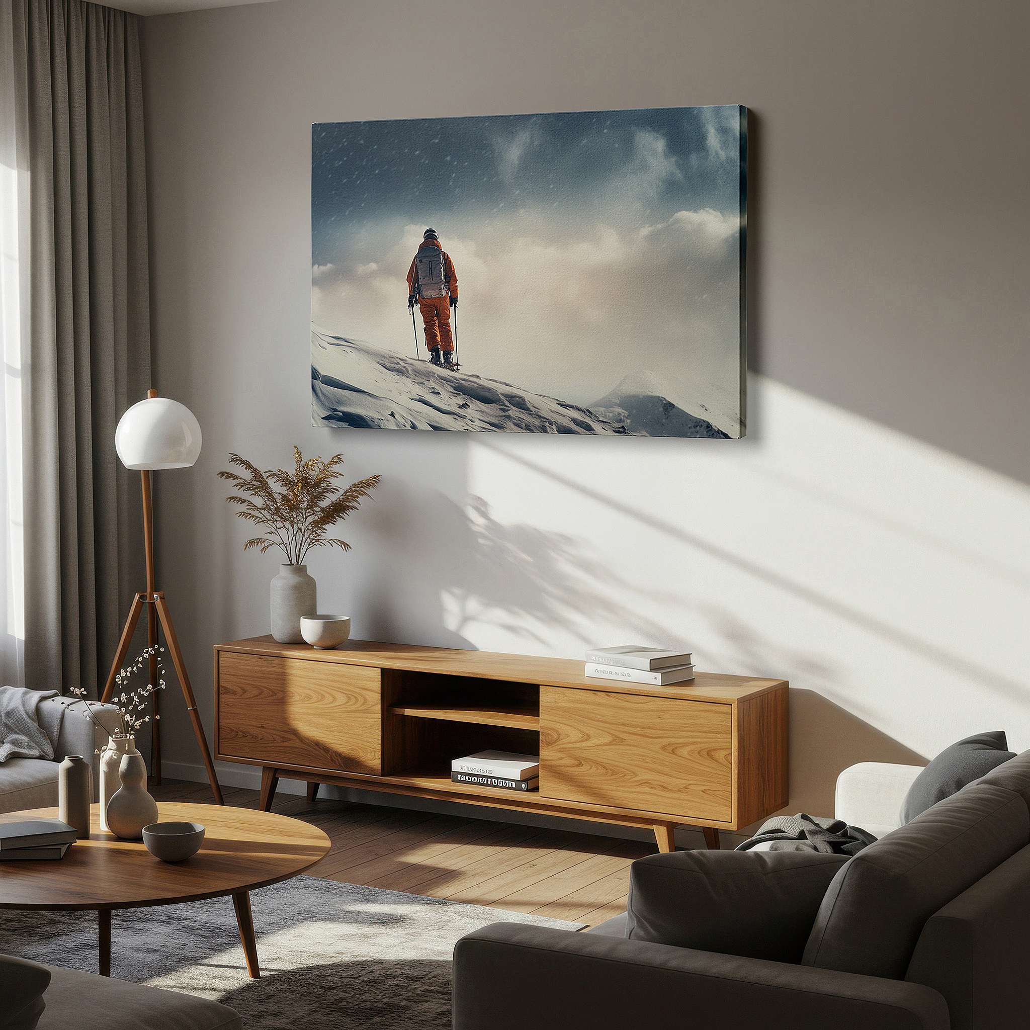 Gently illuminated by ambient lighting in an entryway — wall decor: the solo traveler's brave trek across snow-covered peaks - large canvas art for home and office