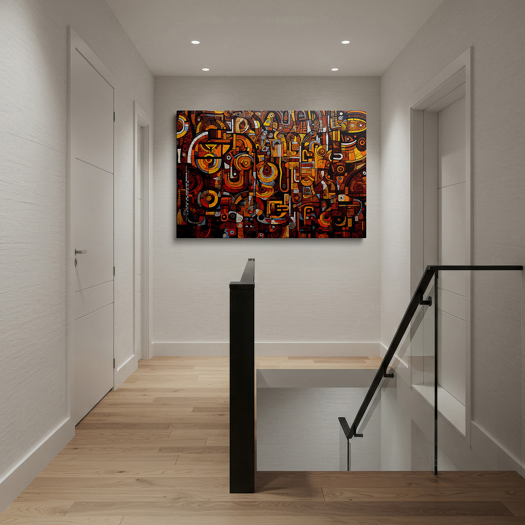 Gently illuminated by ambient lighting in an entryway — warm orange and brown dynamic abstract tapestry, large canvas wall art featuring movement and depth, ideal for office decor