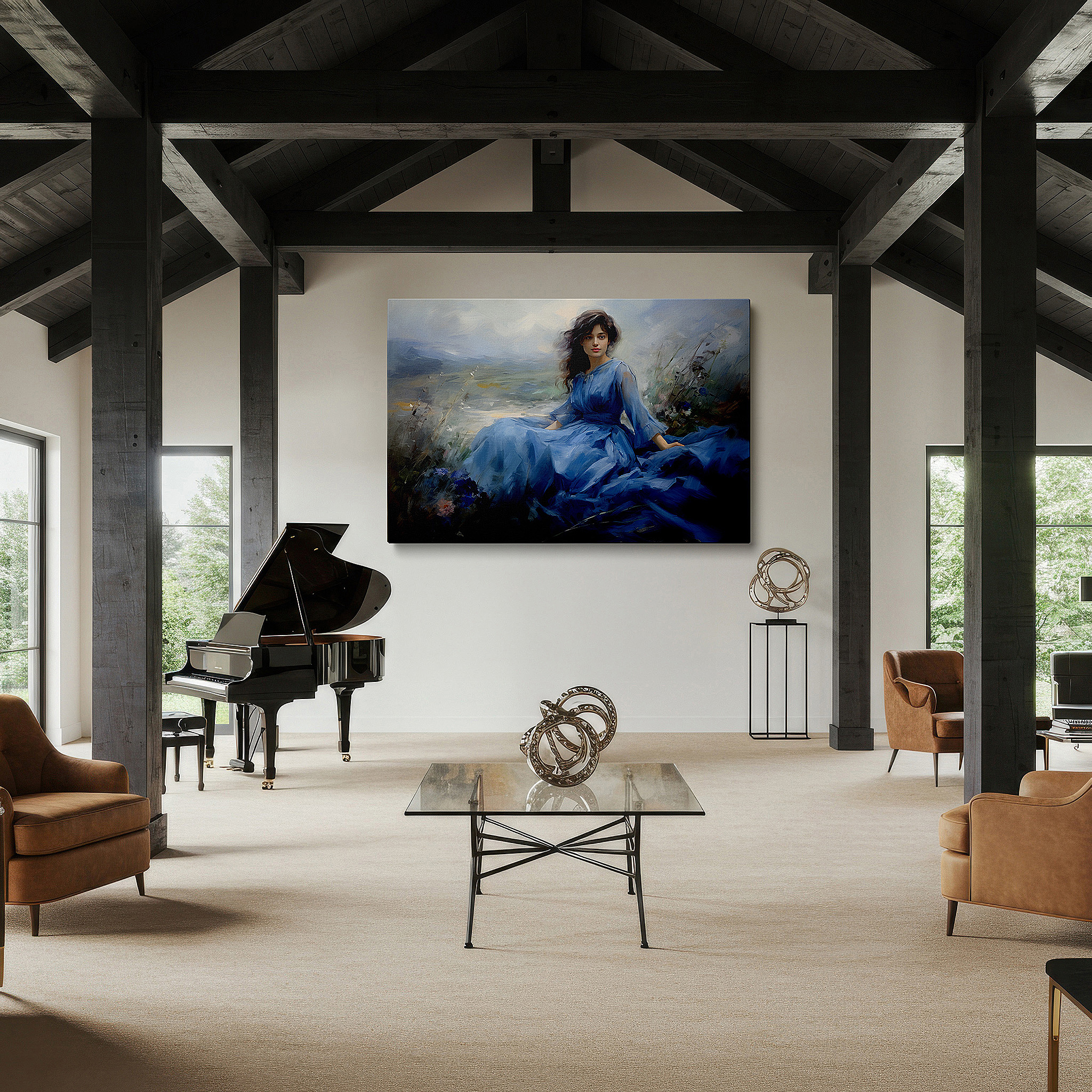 Gently illuminated by ambient lighting in an entryway — young woman in a blooming garden: serene elegance and harmony with nature - large canvas wall art for office decor
