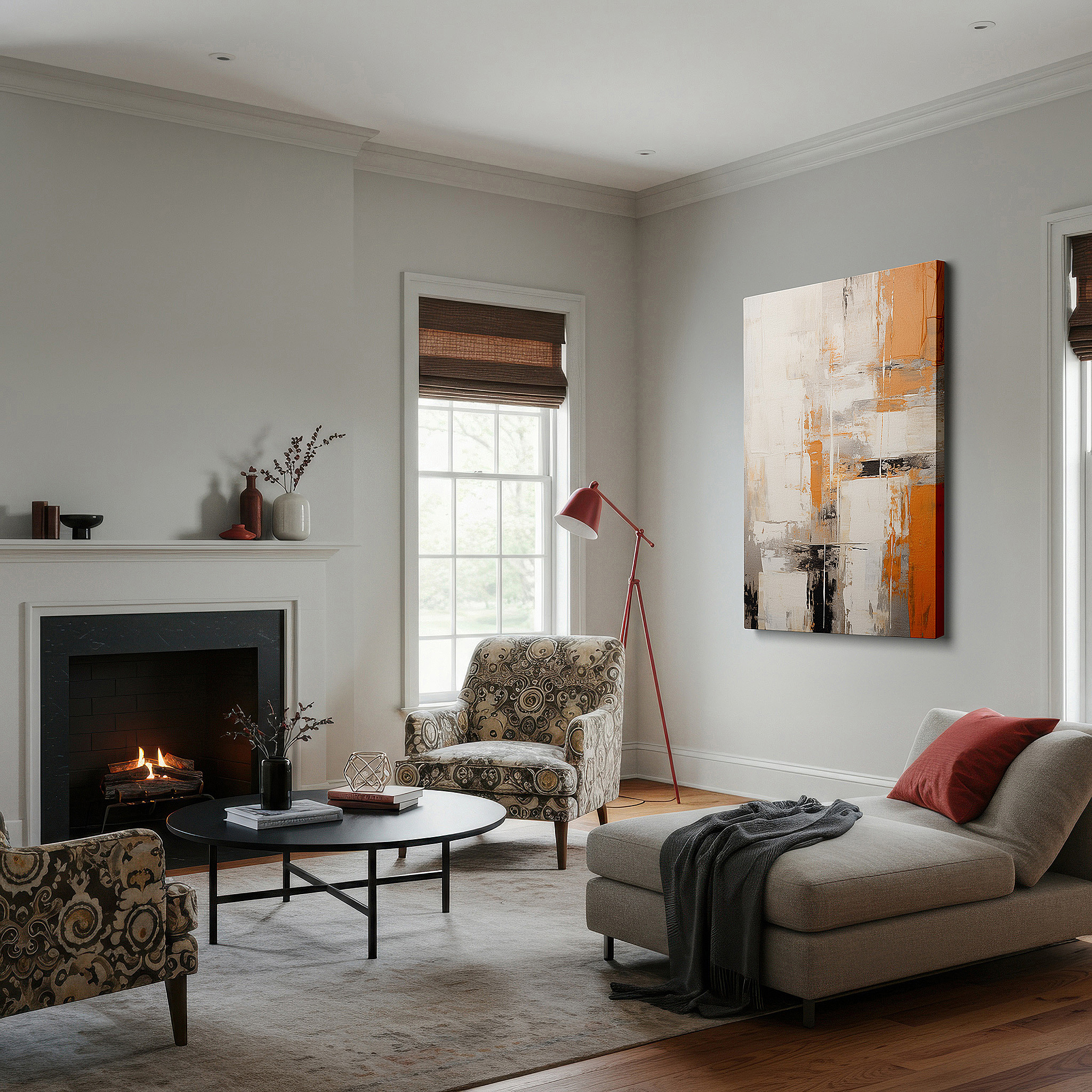 Hung in a cozy reading nook beside a floor lamp and bookshelf — abstract expressionism large wall art featuring a symphony of white, orange, black, and silver, canvas wall art, wall art decor, office wall art