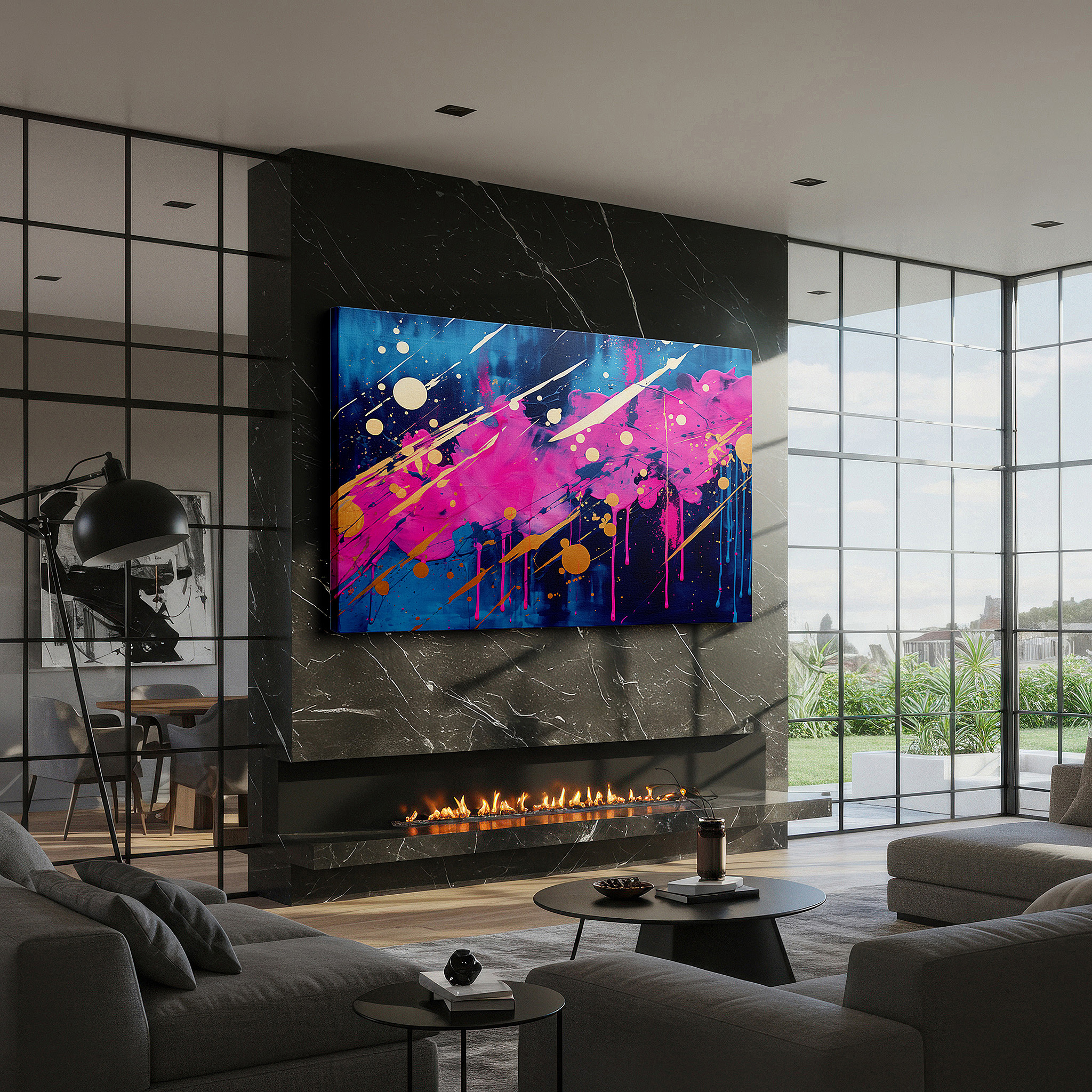 Hung in a cozy reading nook beside a floor lamp and bookshelf — abstract expressionist large wall art featuring vibrant pinks, luxurious golds, and deep blues, perfect for home or office decor