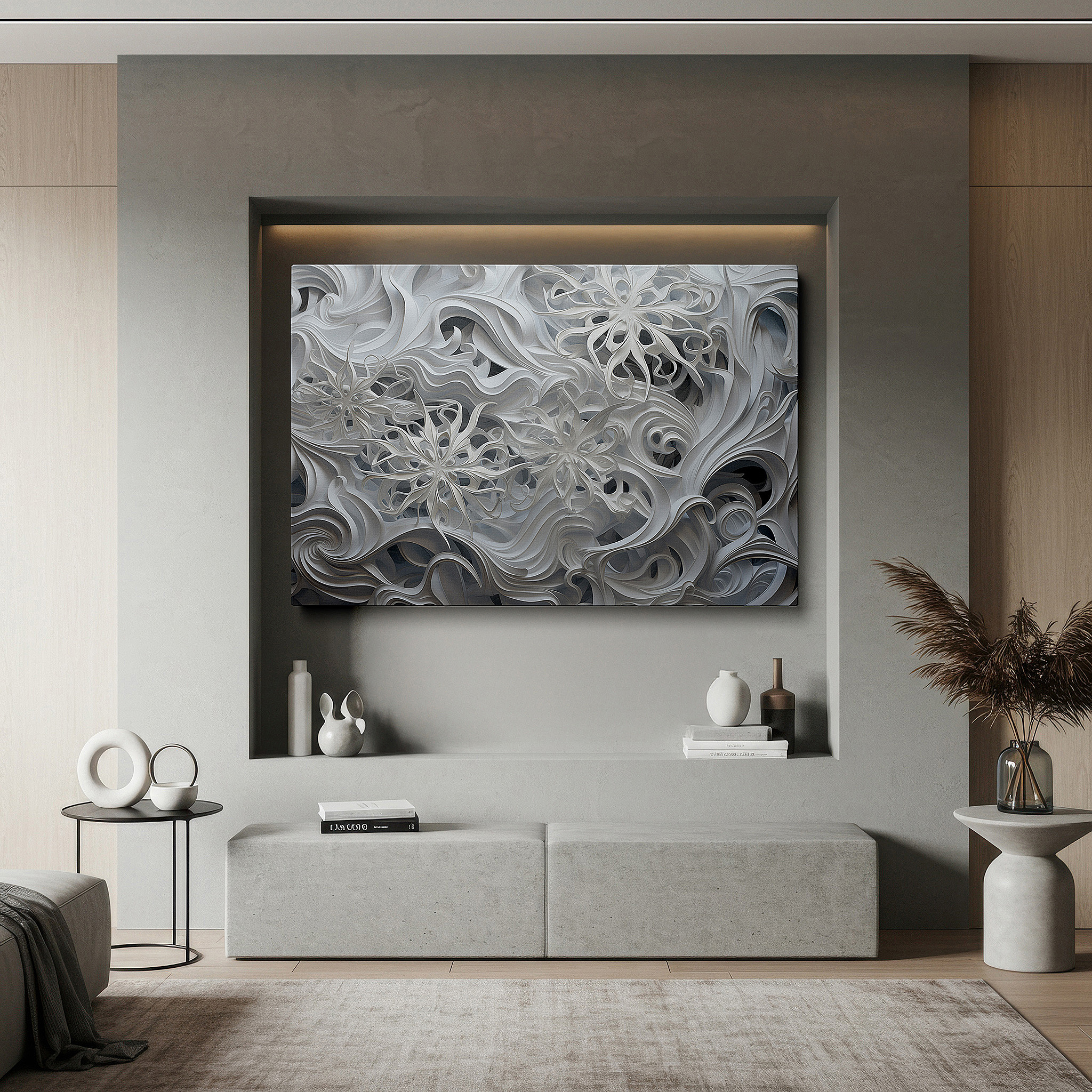 Hung in a cozy reading nook beside a floor lamp and bookshelf — abstract floral elegance and creativity dance large wall art, canvas wall art, wall decor for office, bedroom, and living room