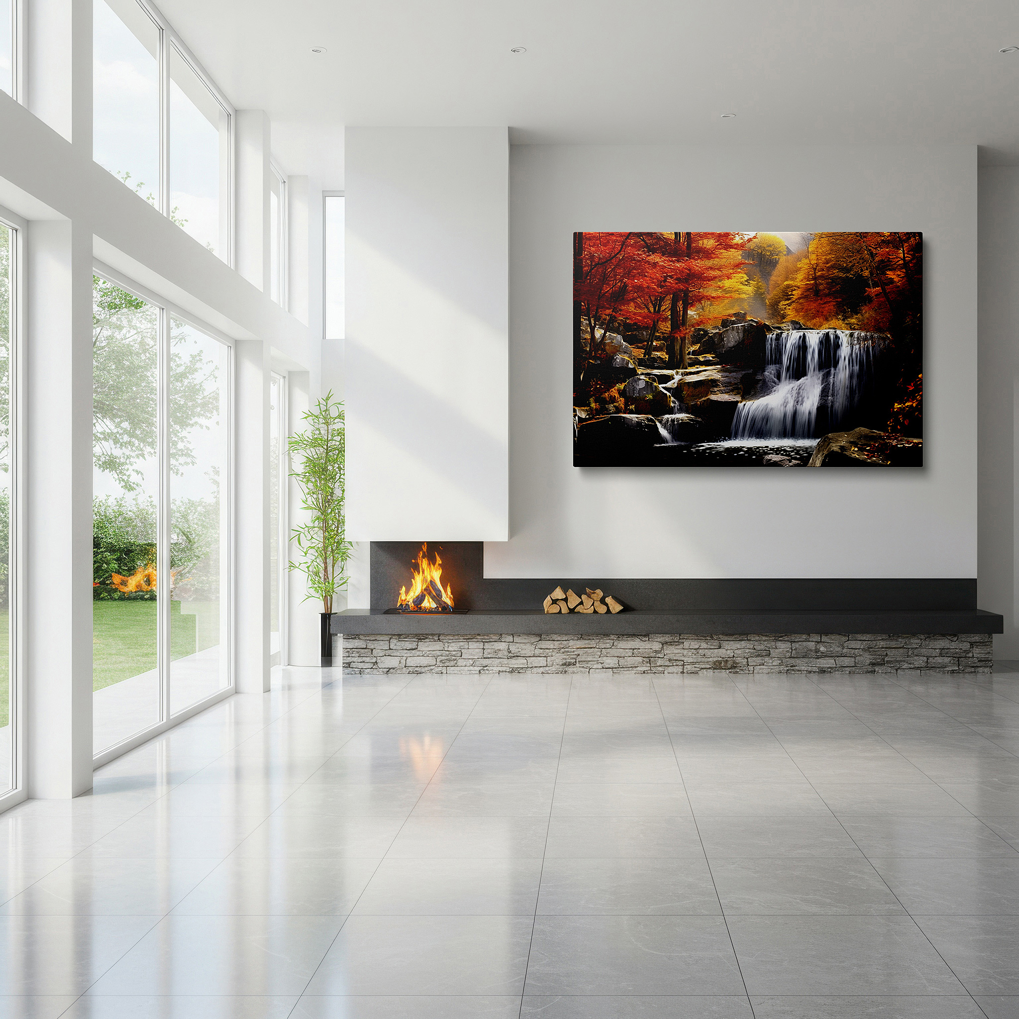Hung in a cozy reading nook beside a floor lamp and bookshelf — autumn waterfall with bright foliage, tranquil forest scene large wall art, canvas wall decor for office and bedroom
