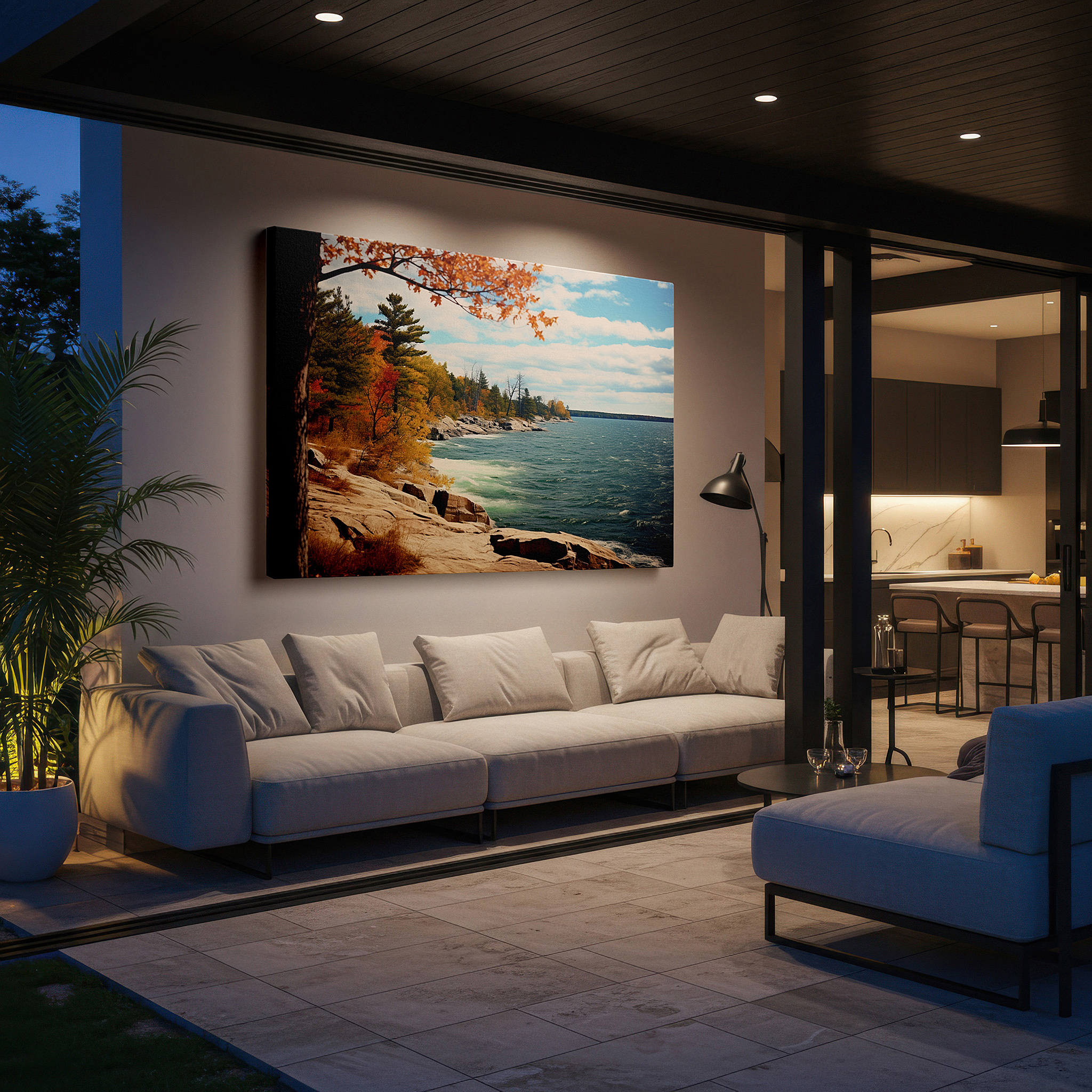 Hung in a cozy reading nook beside a floor lamp and bookshelf — autumnal serenity by the lake: vibrant foliage and tranquil waters under a clear blue sky - large wall art, canvas wall art, wall decor for office