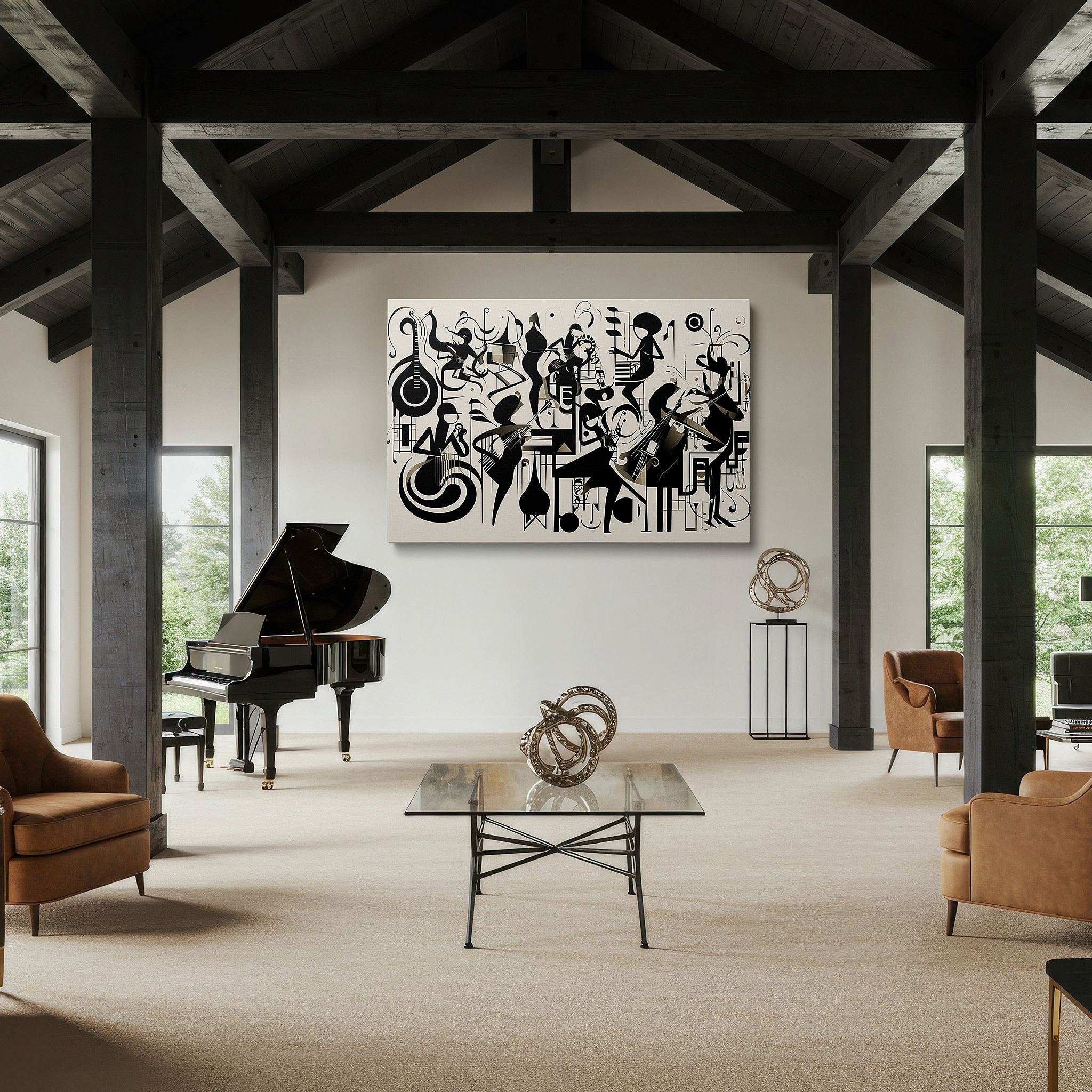 Hung in a cozy reading nook beside a floor lamp and bookshelf — black and white vibrant symphony, embodying musical harmony, large canvas wall art for office and bedroom decor