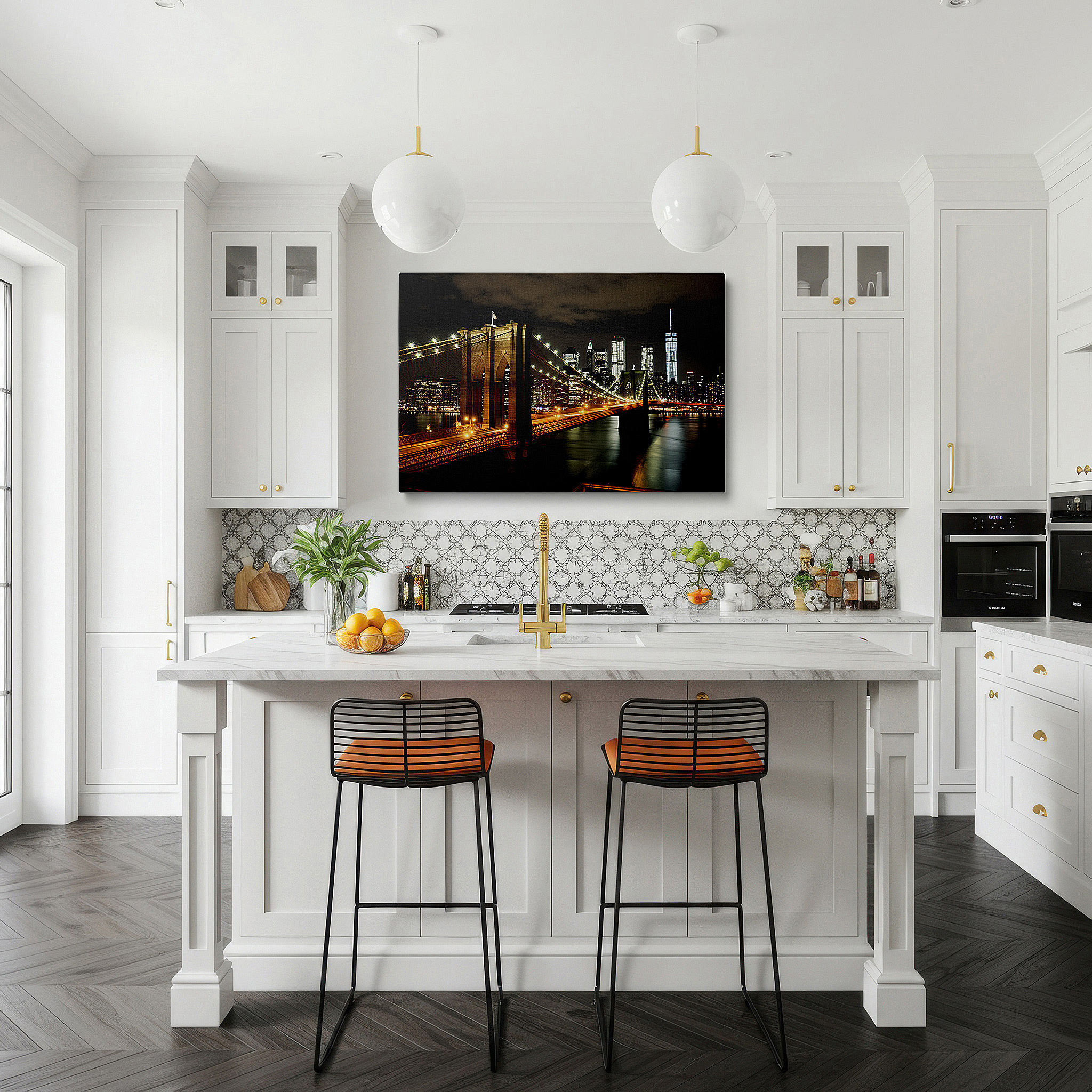 Hung in a cozy reading nook beside a floor lamp and bookshelf — brooklyn bridge at night: golden lights elegance - large canvas wall art for office, bedroom, and living room decor