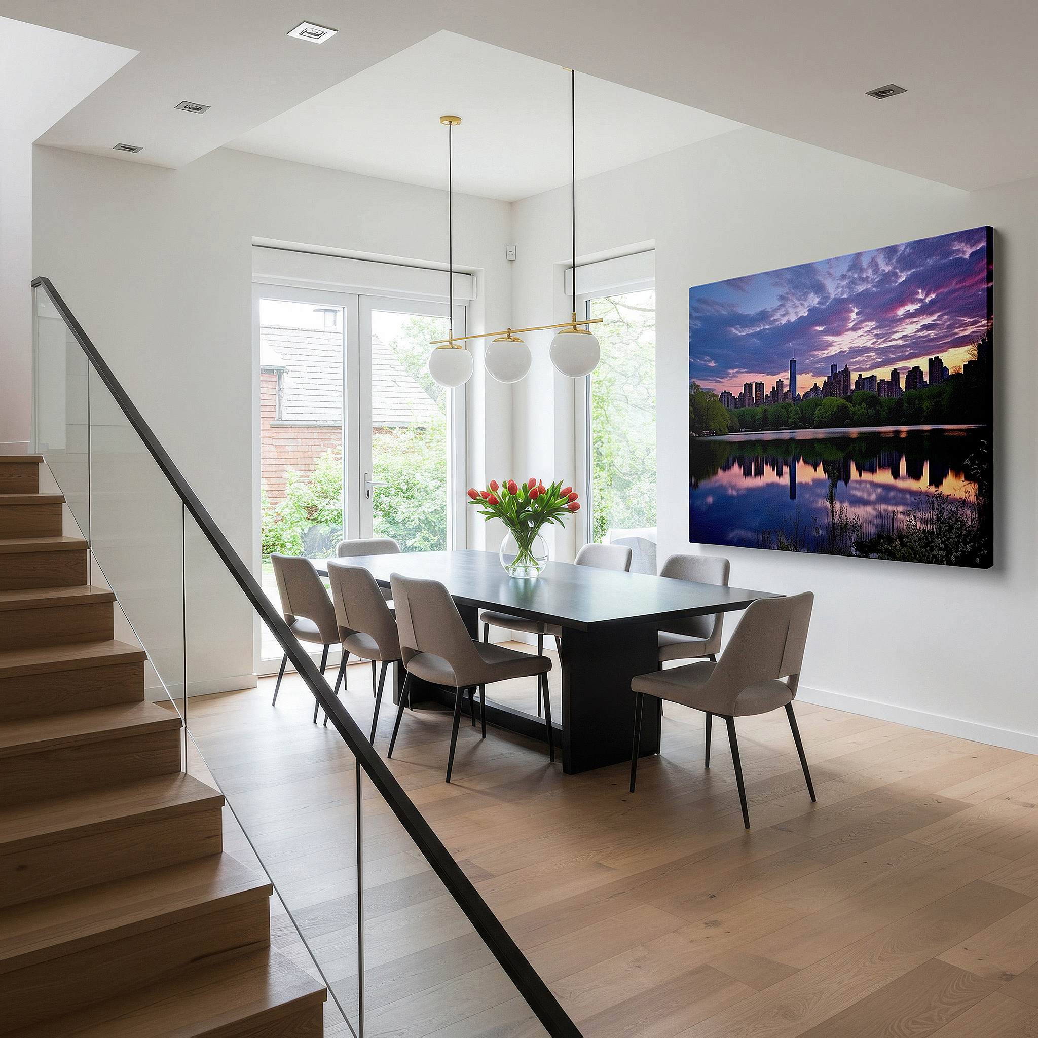 Hung in a cozy reading nook beside a floor lamp and bookshelf — central park dusk - a tranquil fusion of natural and city grace large wall art, canvas wall art, wall decor, office wall art, bedroom wall art, living room art
