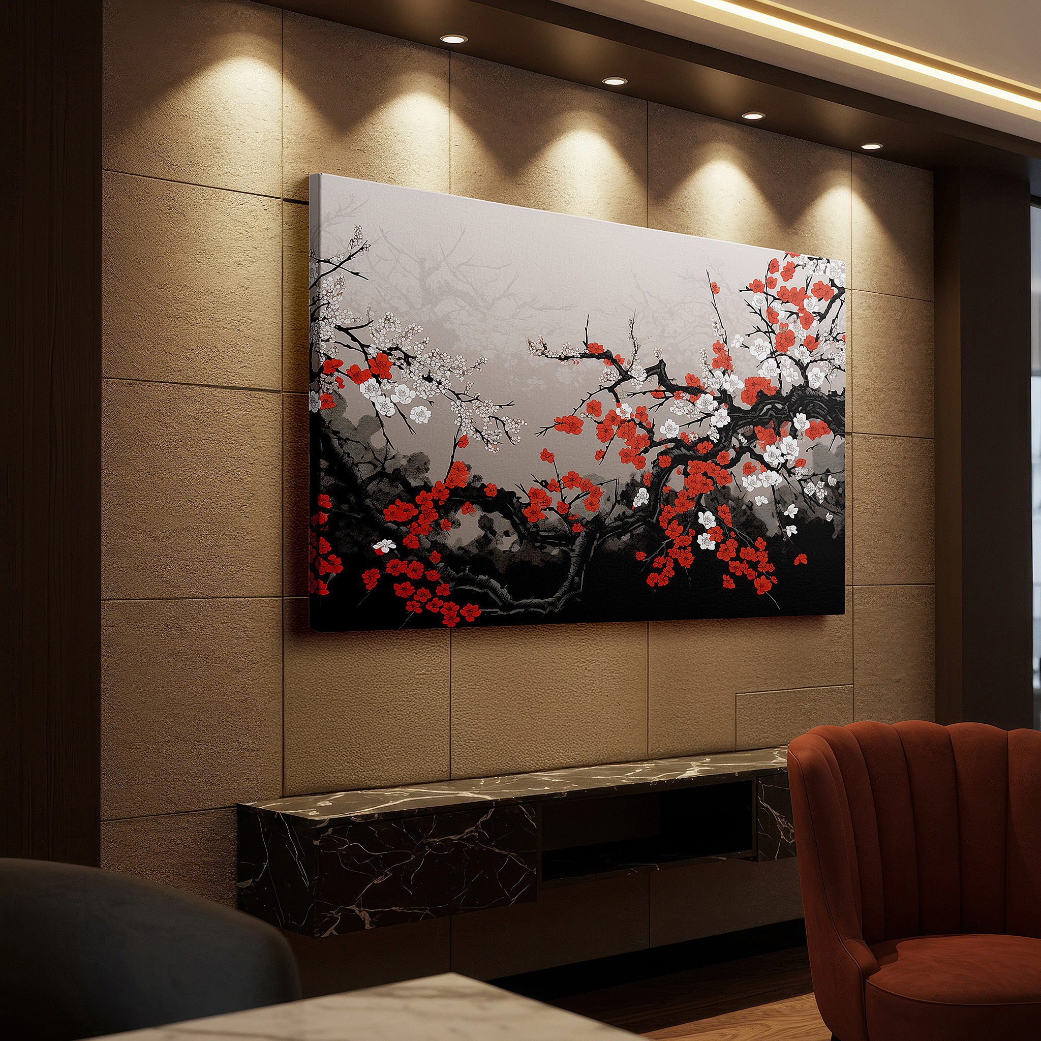 Hung in a cozy reading nook beside a floor lamp and bookshelf — cherry blossoms in spring dance canvas wall art, large wall decor for office, evoking serenity and joy