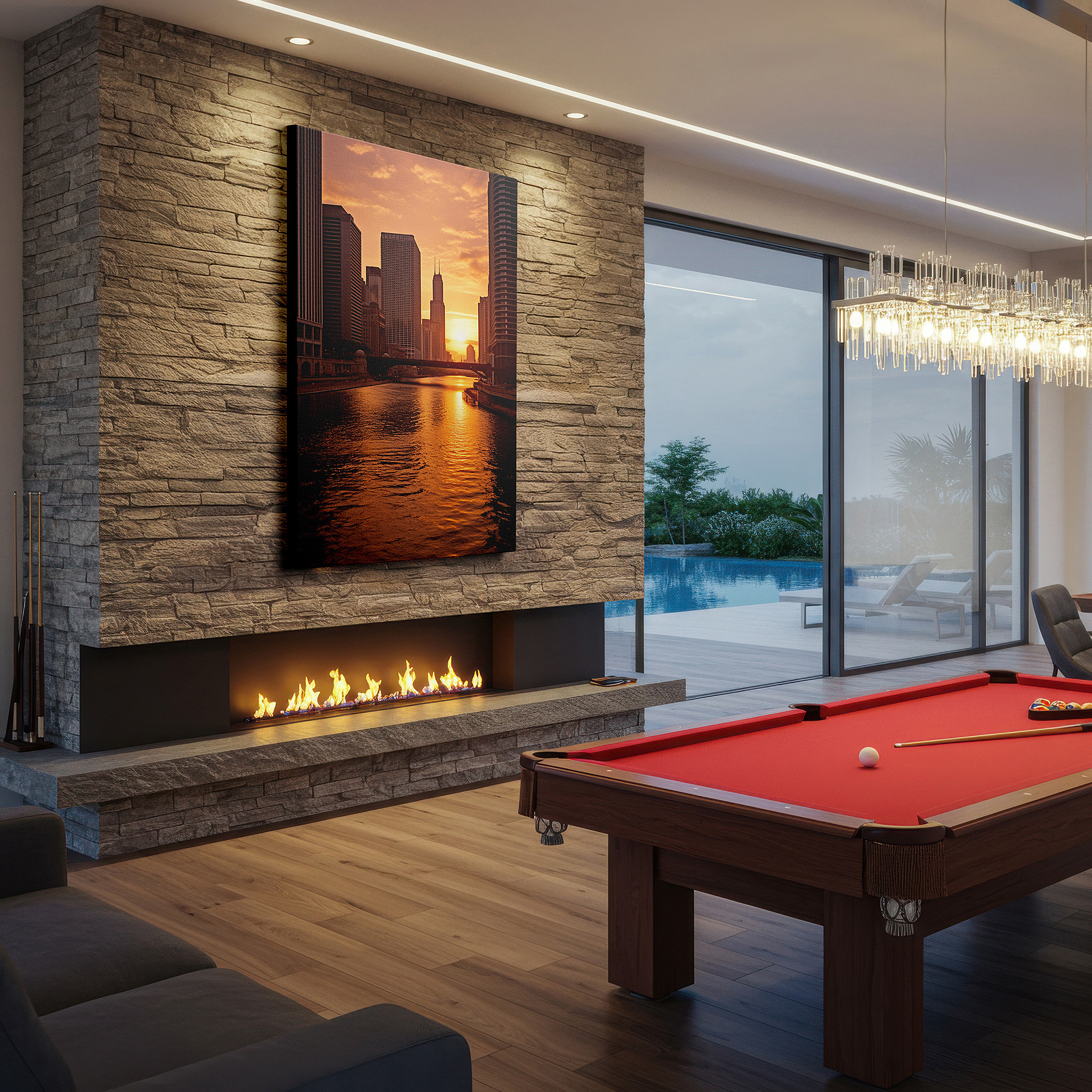 Hung in a cozy reading nook beside a floor lamp and bookshelf — chicago river sunset - golden cityscape silhouette with vibrant skies large wall art, canvas wall art, wall decor for office and bedroom
