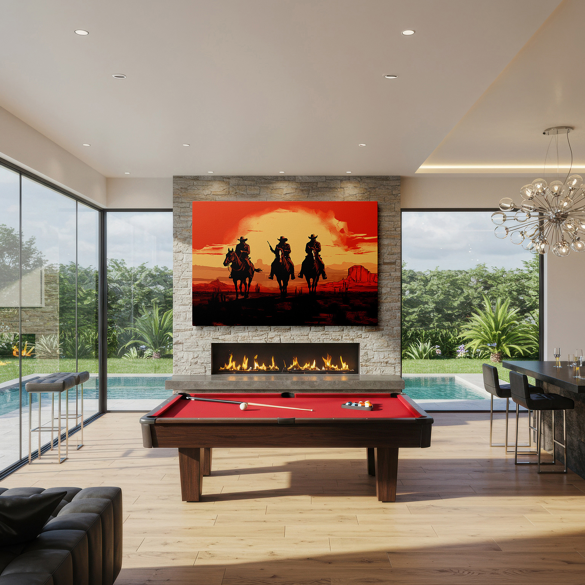 Hung in a cozy reading nook beside a floor lamp and bookshelf — cowboys riding horses at a fiery desert sunset - a striking emblem of liberty and exploration in the american west, large wall art, canvas wall art