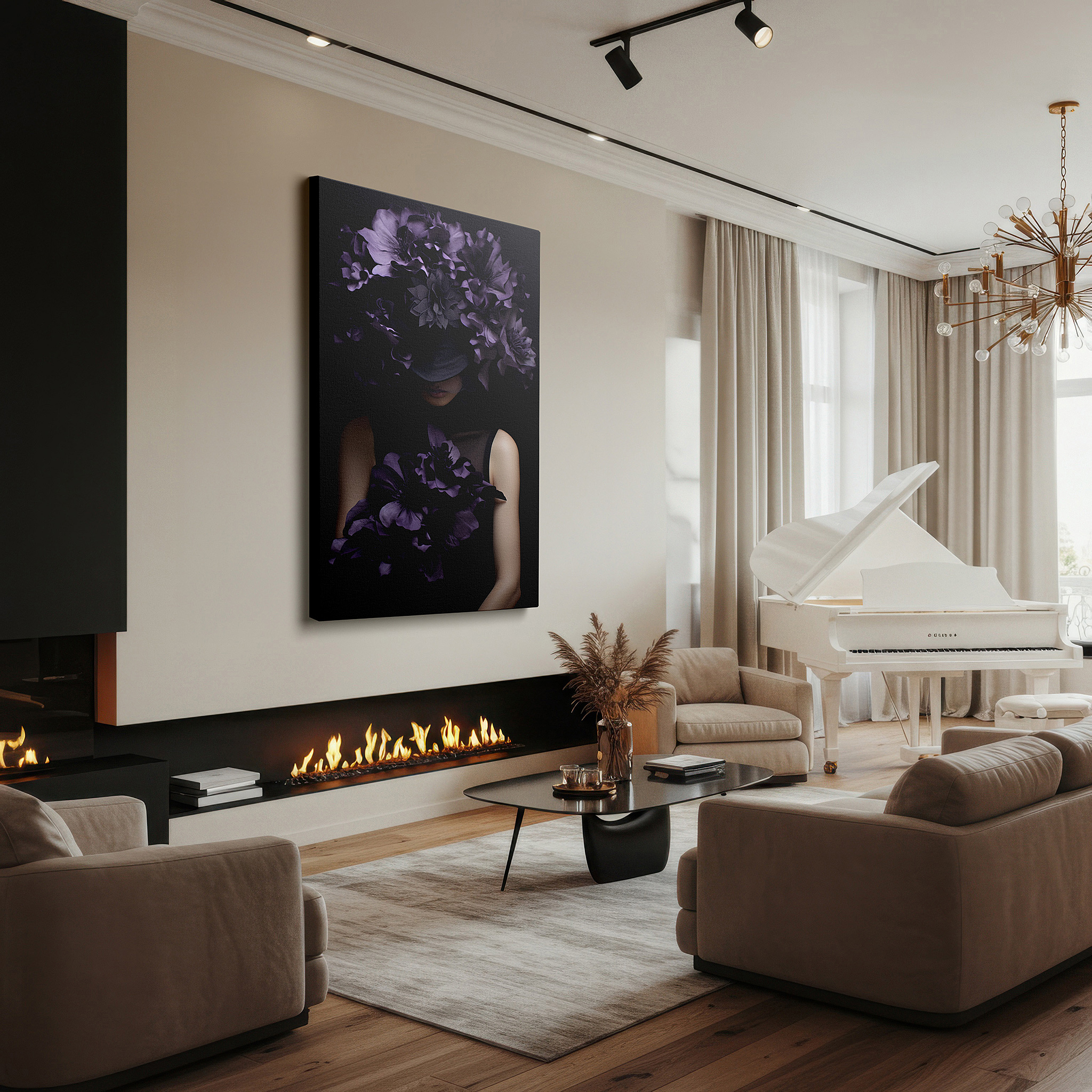 Hung in a cozy reading nook beside a floor lamp and bookshelf — dark purple flowers and enigmatic model: luxurious fashion-inspired large wall art, canvas decor for office and home