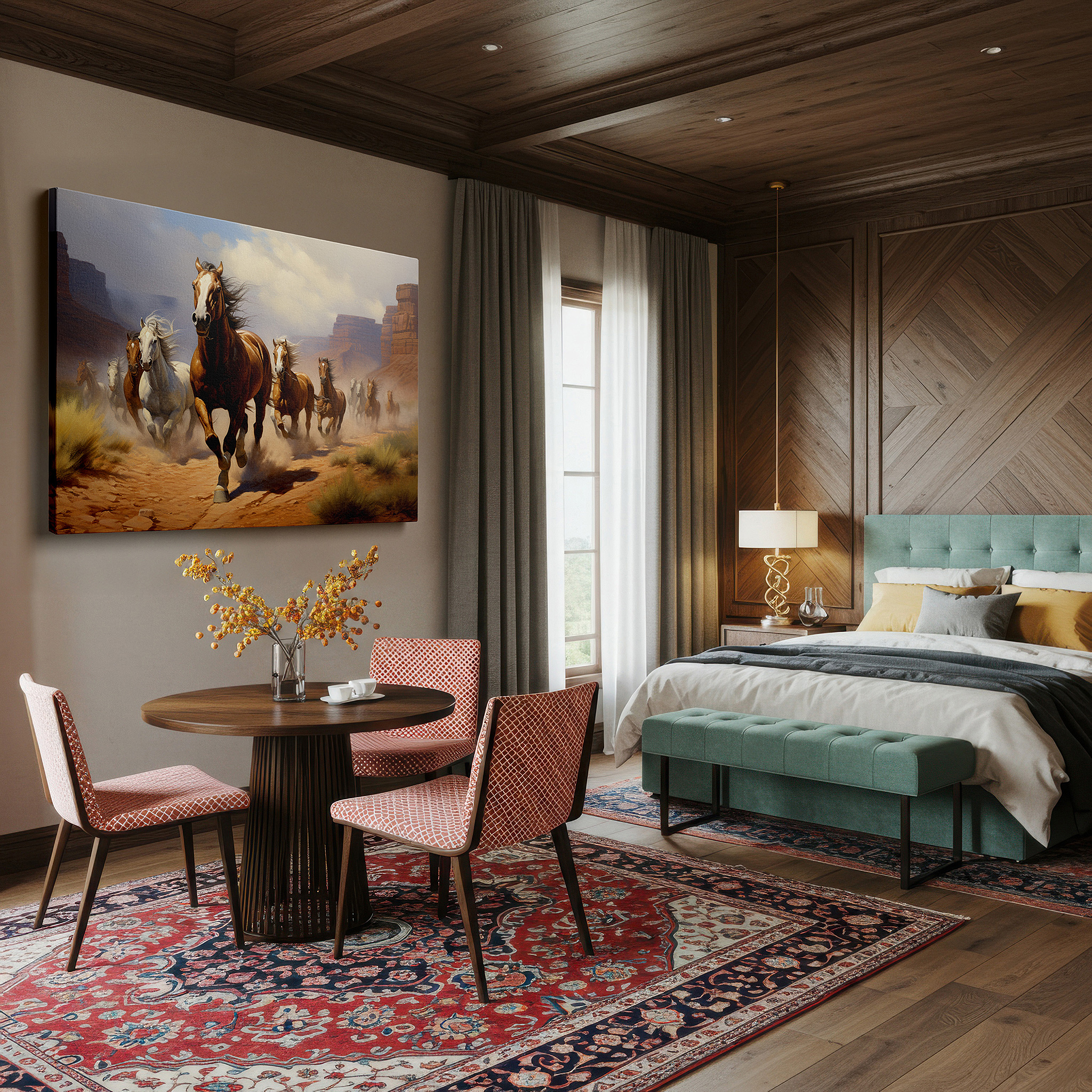 Hung in a cozy reading nook beside a floor lamp and bookshelf — desert galloping horses - a symbol of freedom and power, large canvas wall art for office and bedroom decor