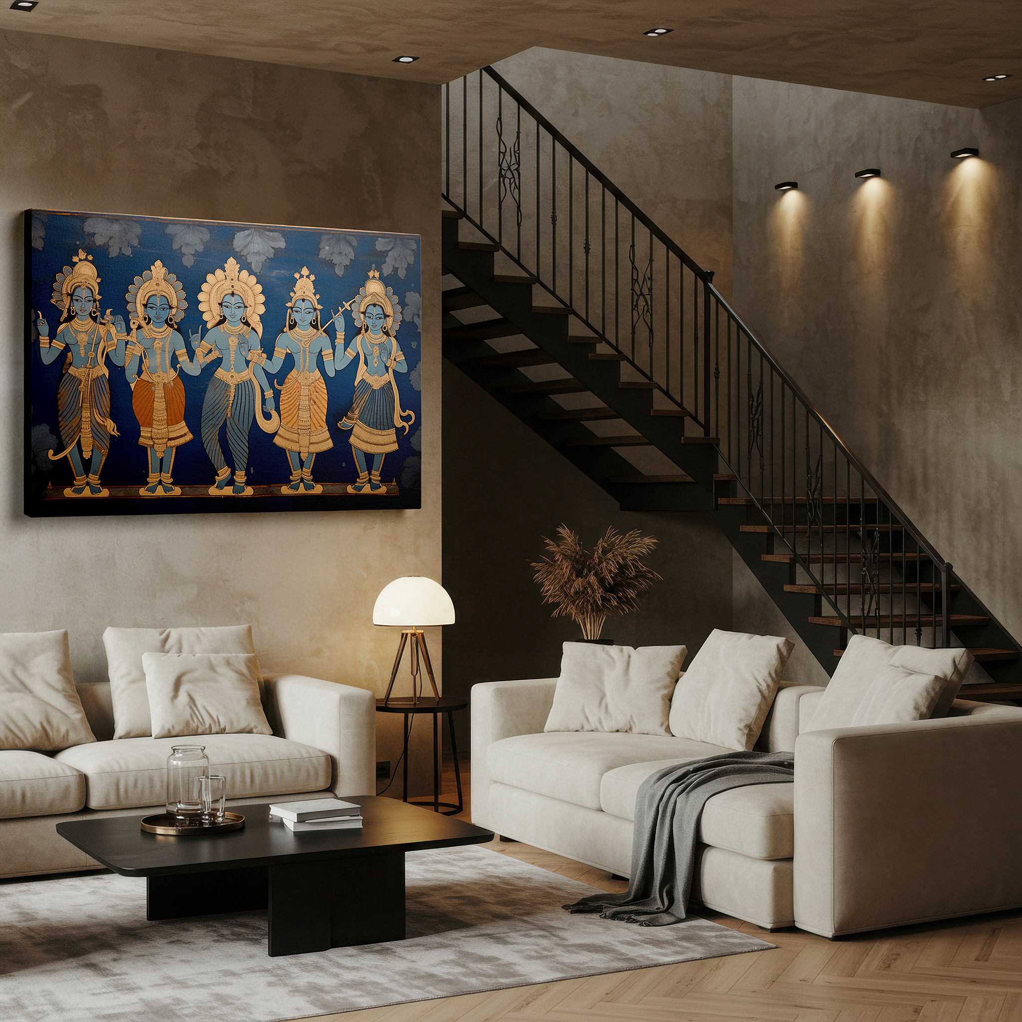 Hung in a cozy reading nook beside a floor lamp and bookshelf — divine figures and celestial myths on a rich blue background: large canvas wall art for office, bedroom, and living room decor