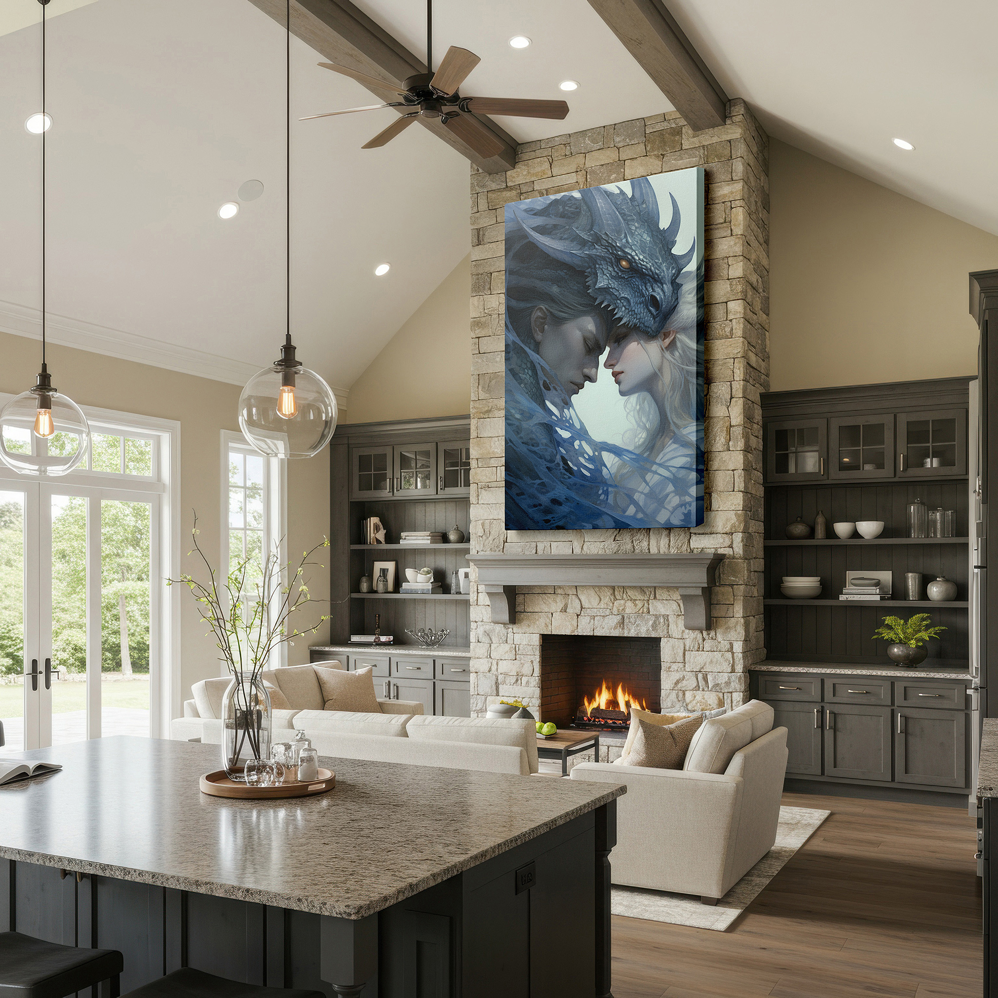 Hung in a cozy reading nook beside a floor lamp and bookshelf — dragon encounter canvas print: a mystical blend of power and serenity for home and office decor