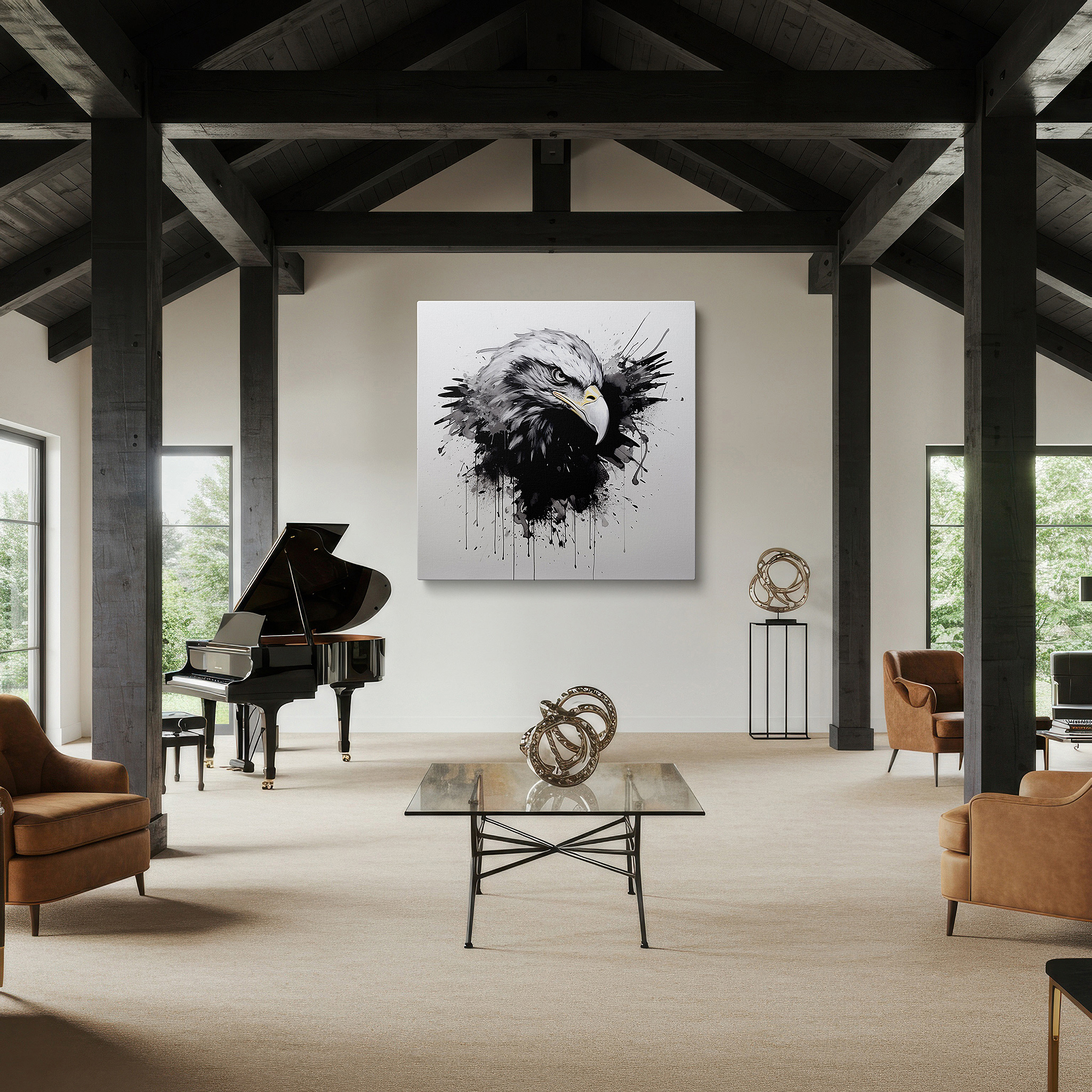 Hung in a cozy reading nook beside a floor lamp and bookshelf — dynamic black and gray eagle in flight wall art, large canvas for office decor, embodying strength and freedom