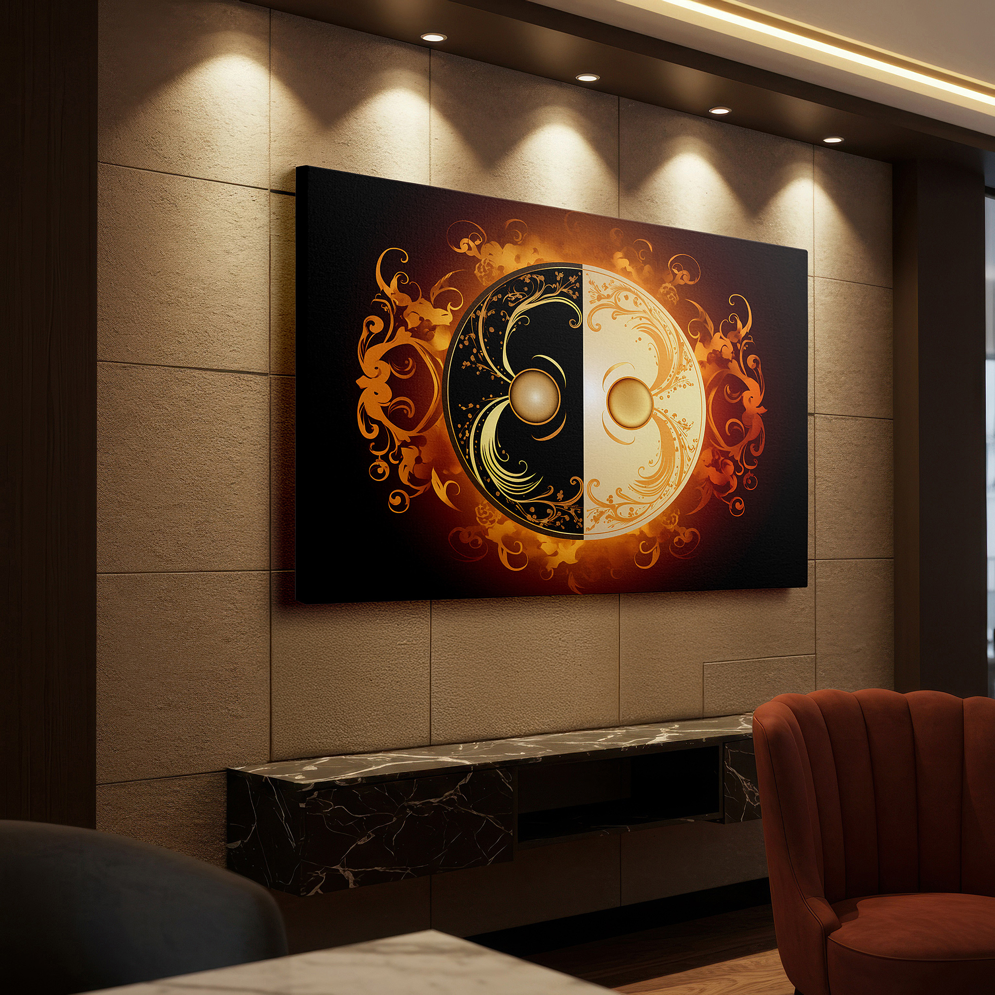 Hung in a cozy reading nook beside a floor lamp and bookshelf — elegant black and gold yin yang symbol wall art, celebrating balance and duality, ideal for office and bedroom decor, available in large canvas sizes