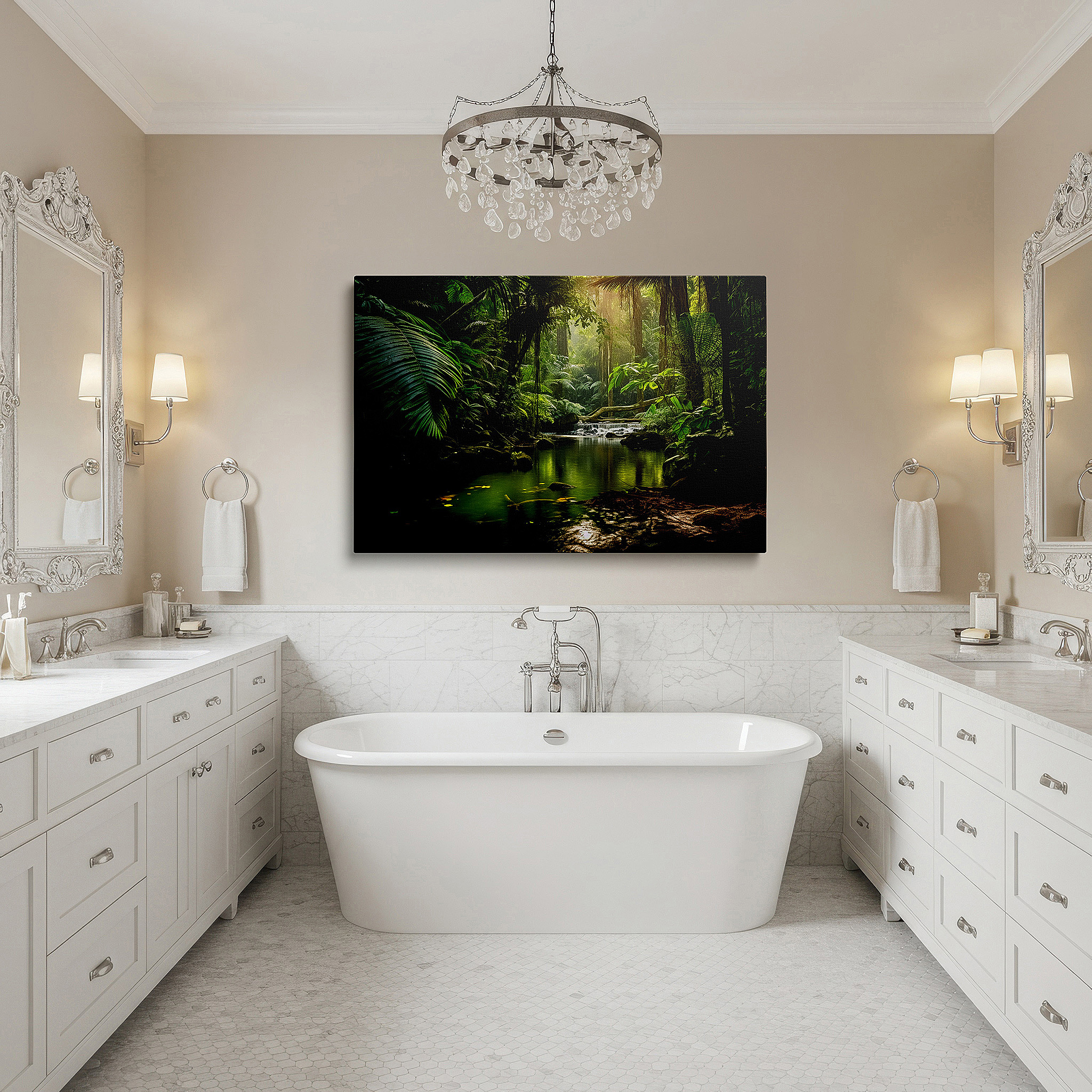 Hung in a cozy reading nook beside a floor lamp and bookshelf — enchanted rainforest retreat wall art featuring a cascading waterfall and lush green canopy, ideal for office and bedroom decor