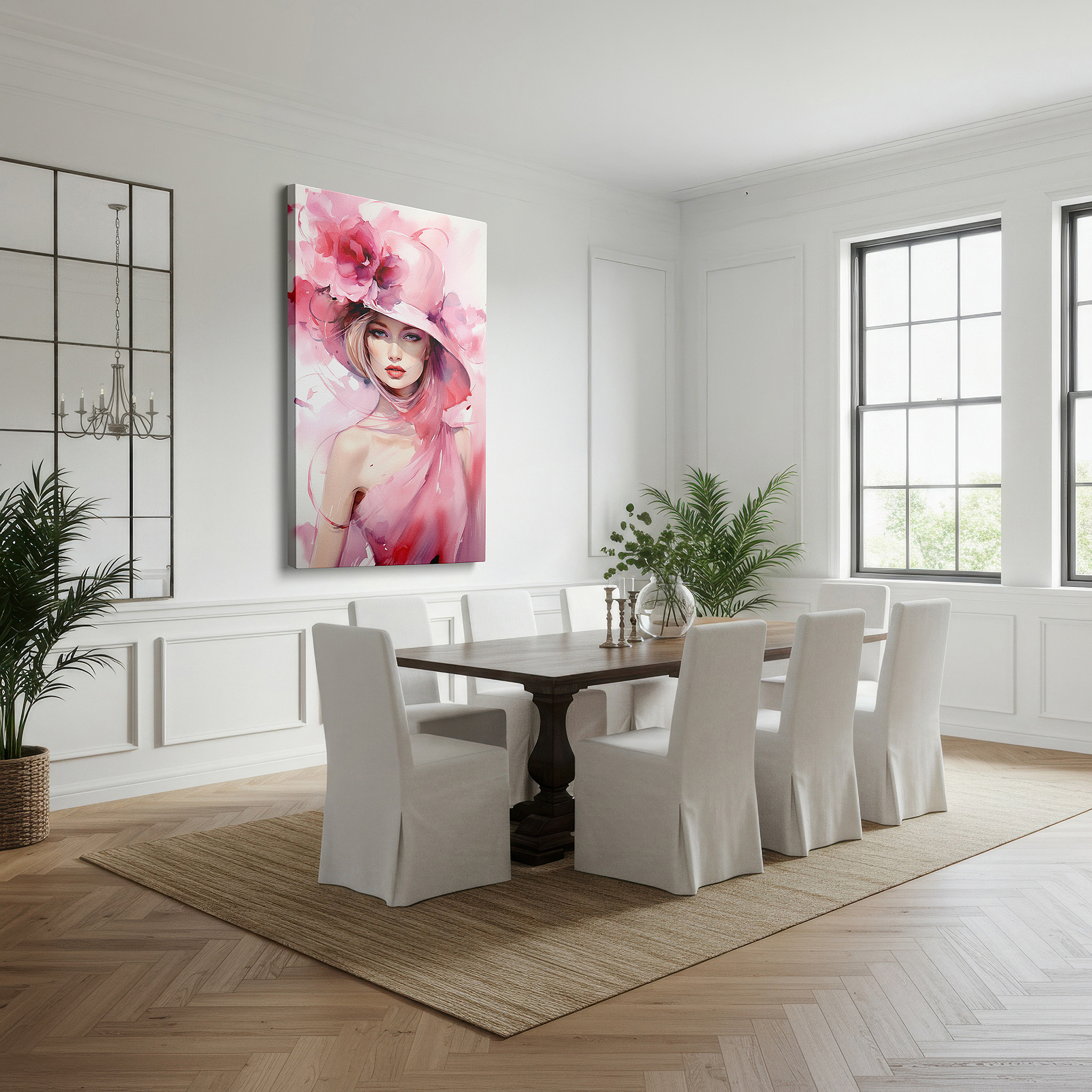 Hung in a cozy reading nook beside a floor lamp and bookshelf — enchanting large canvas wall art featuring a woman in a pink floral hat, perfect for office, bedroom, or living room decor