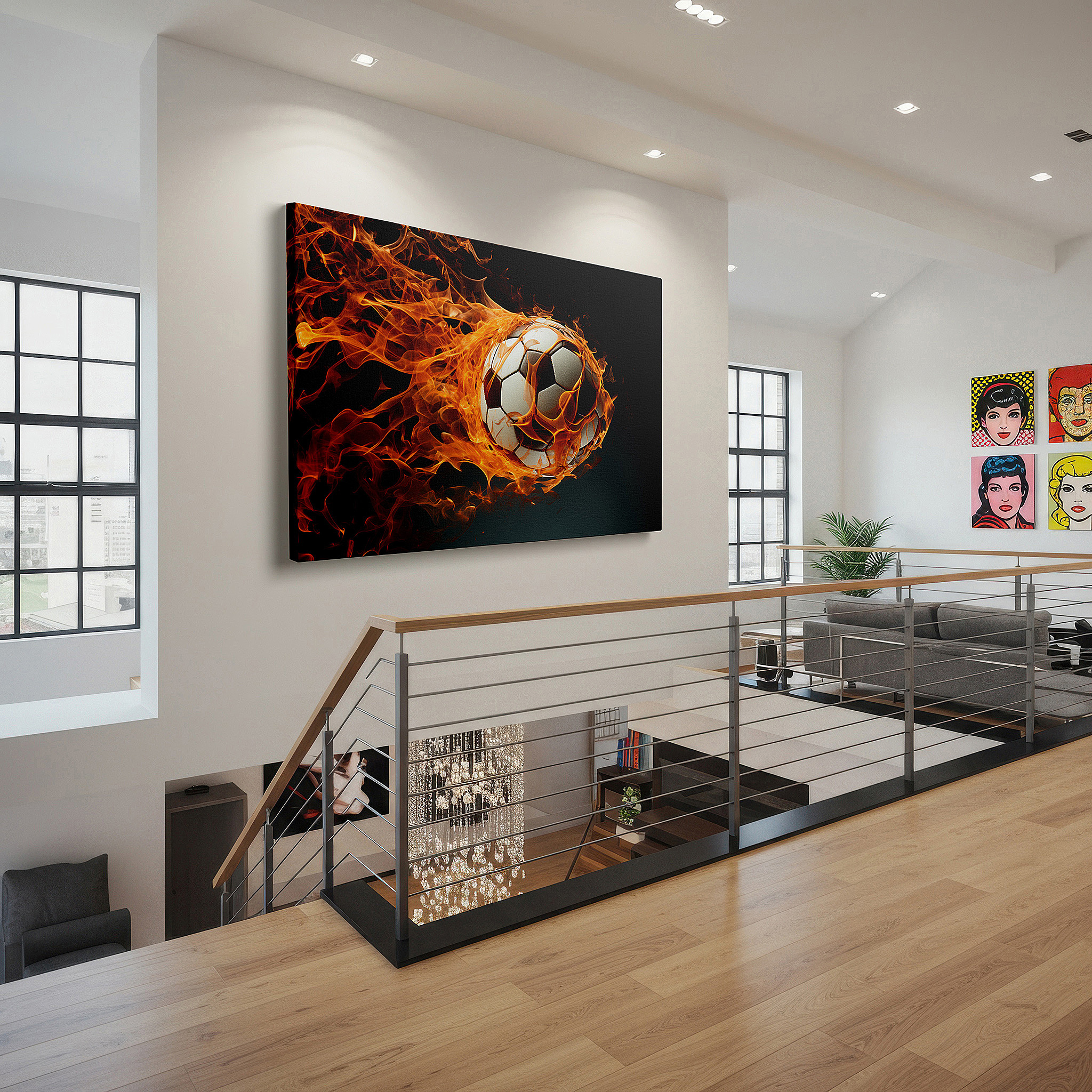 Hung in a cozy reading nook beside a floor lamp and bookshelf — fiery soccer ball wall art: embodying passion and intensity in sports - ideal for office, bedroom, and living room decor