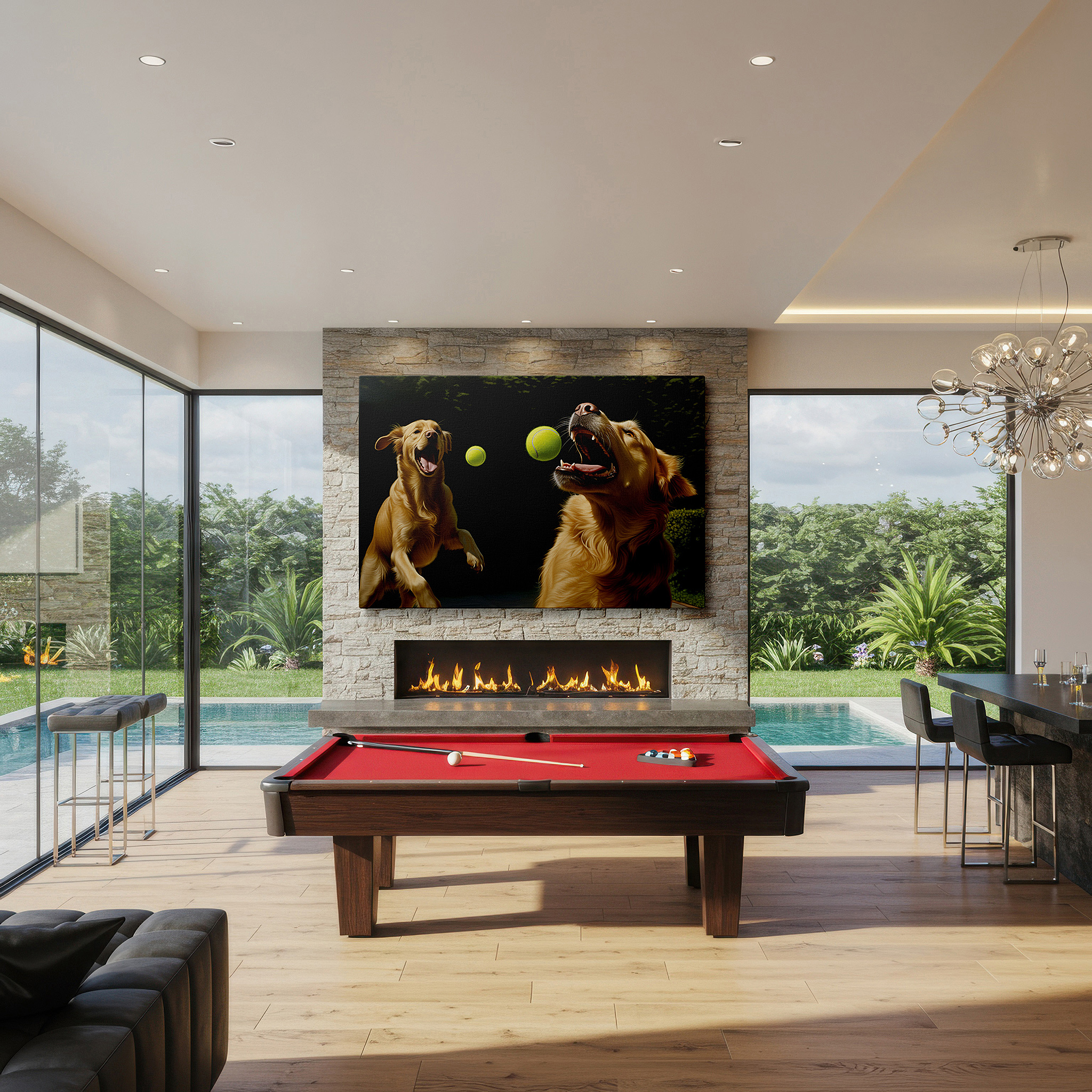 Hung in a cozy reading nook beside a floor lamp and bookshelf — golden retrievers frolicking in a vibrant green landscape: a lively display of happiness and energy - large wall art, canvas wall art, wall decor for office