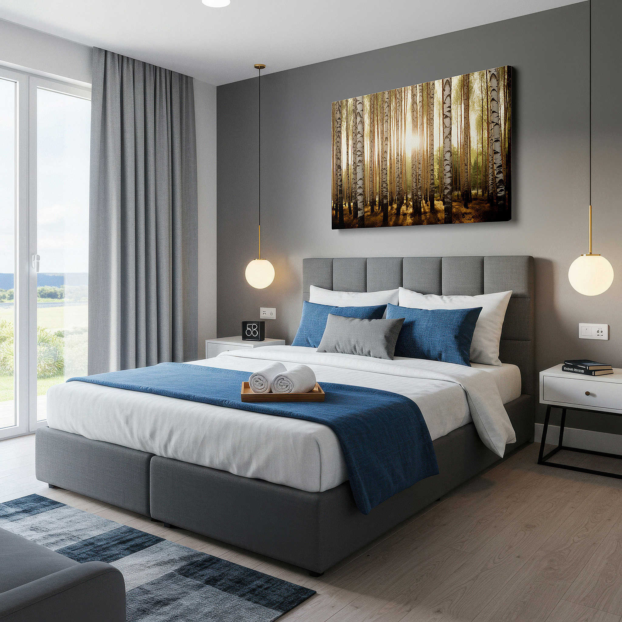 Hung in a cozy reading nook beside a floor lamp and bookshelf — golden sunlight serene birch forest, tranquil nature sanctuary large wall art, canvas wall art, wall decor for office