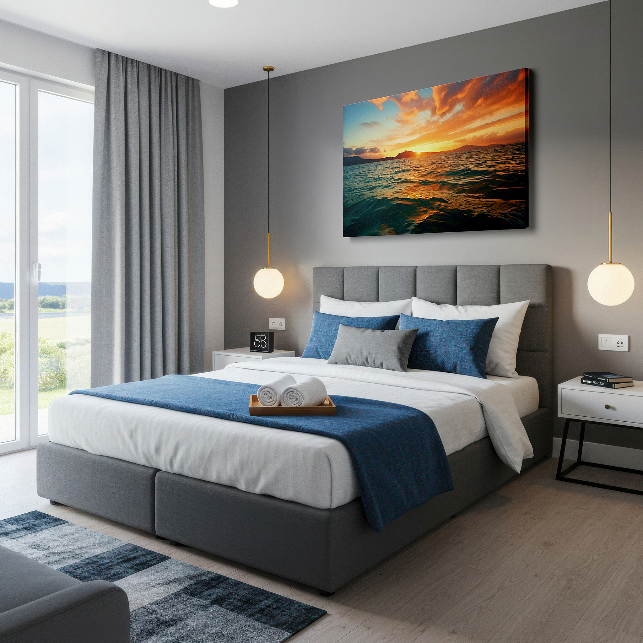 Hung in a cozy reading nook beside a floor lamp and bookshelf — golden sunset over tranquil ocean: experience serenity with nature's beauty - large canvas wall art for home and office decor