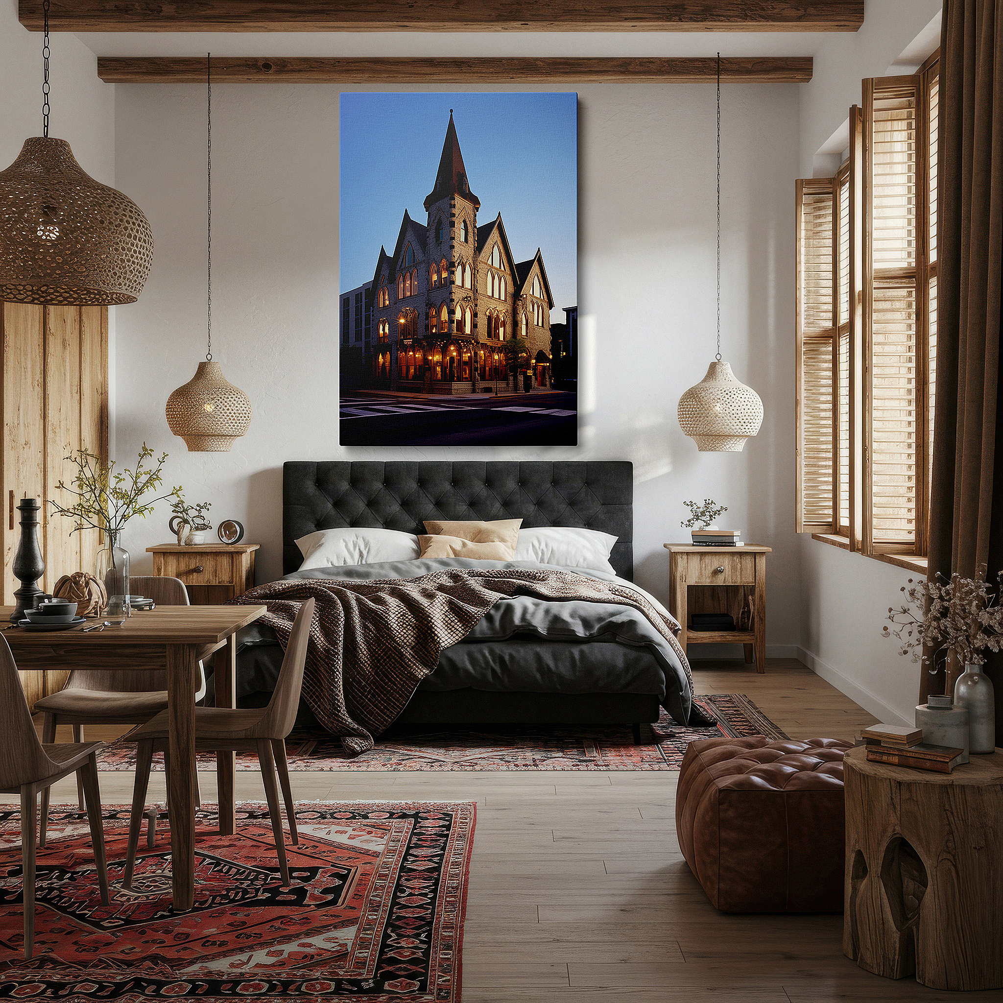 Hung in a cozy reading nook beside a floor lamp and bookshelf — gothic splendor at twilight: celebrating architectural grace and historical radiance - large wall art, canvas wall art, wall decor for offices