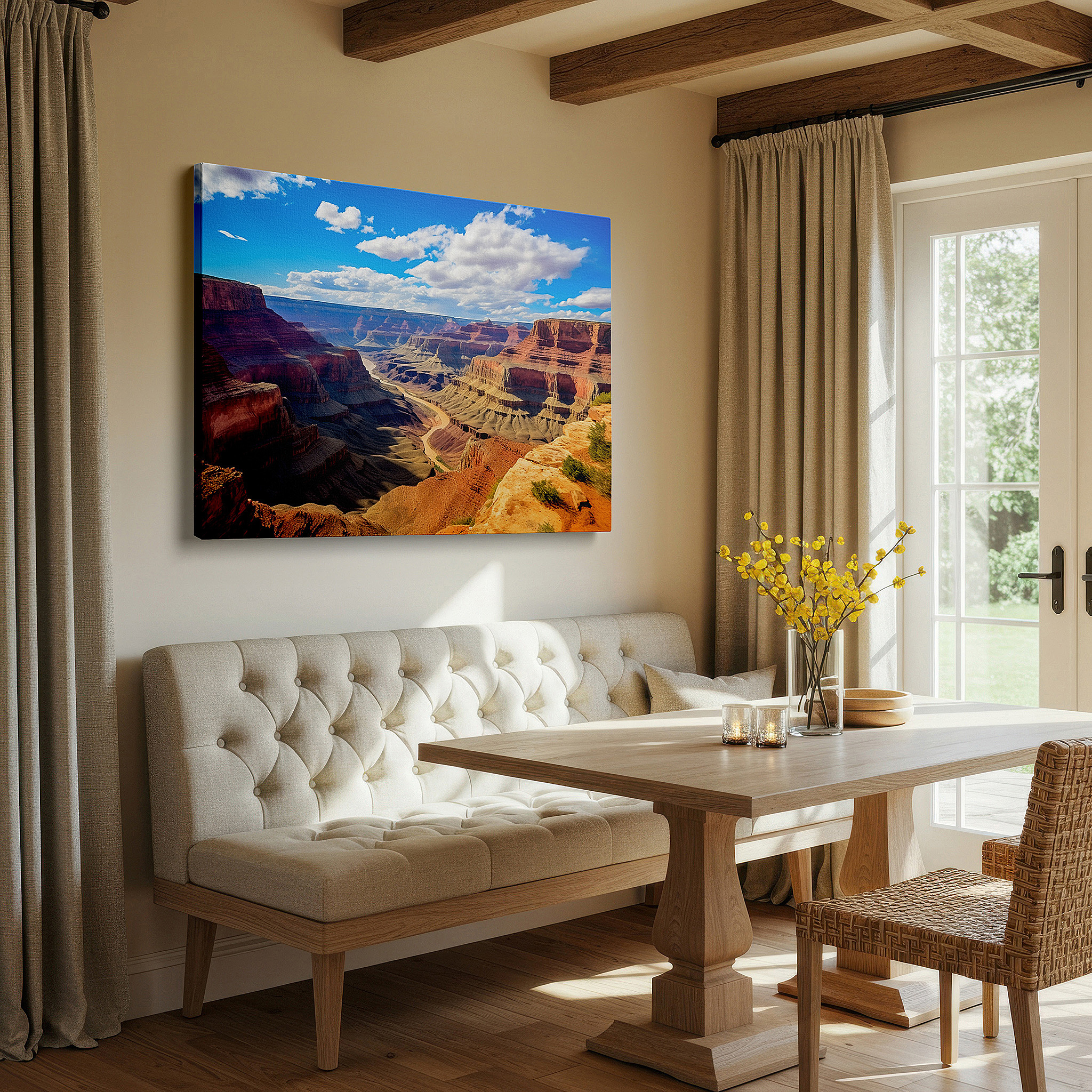 Hung in a cozy reading nook beside a floor lamp and bookshelf — grand canyon's majestic layers: light and shadow large wall art, canvas wall art, wall decor for office and bedroom