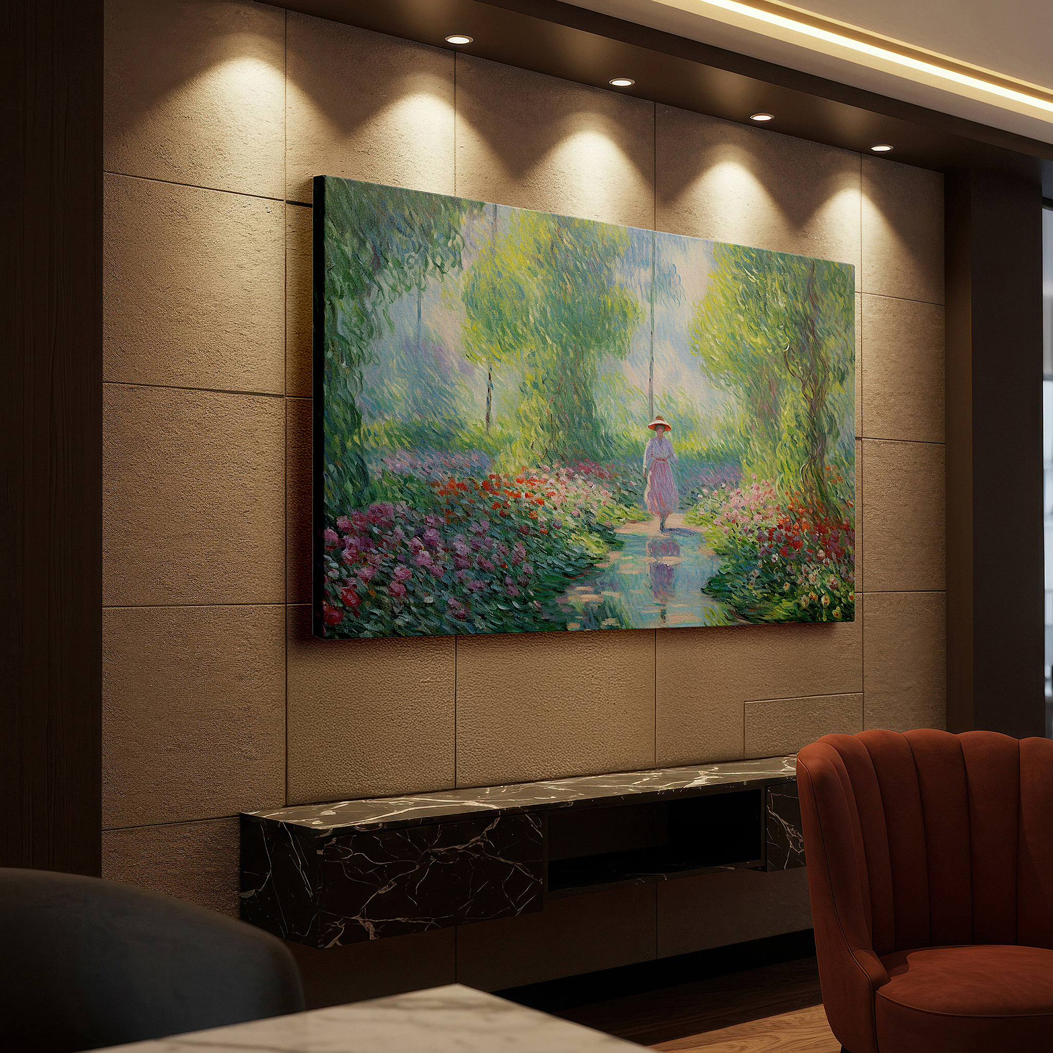 Hung in a cozy reading nook beside a floor lamp and bookshelf — impressionist tranquil scene of a woman in a blooming garden at dawn, large canvas wall art for office and bedroom decor