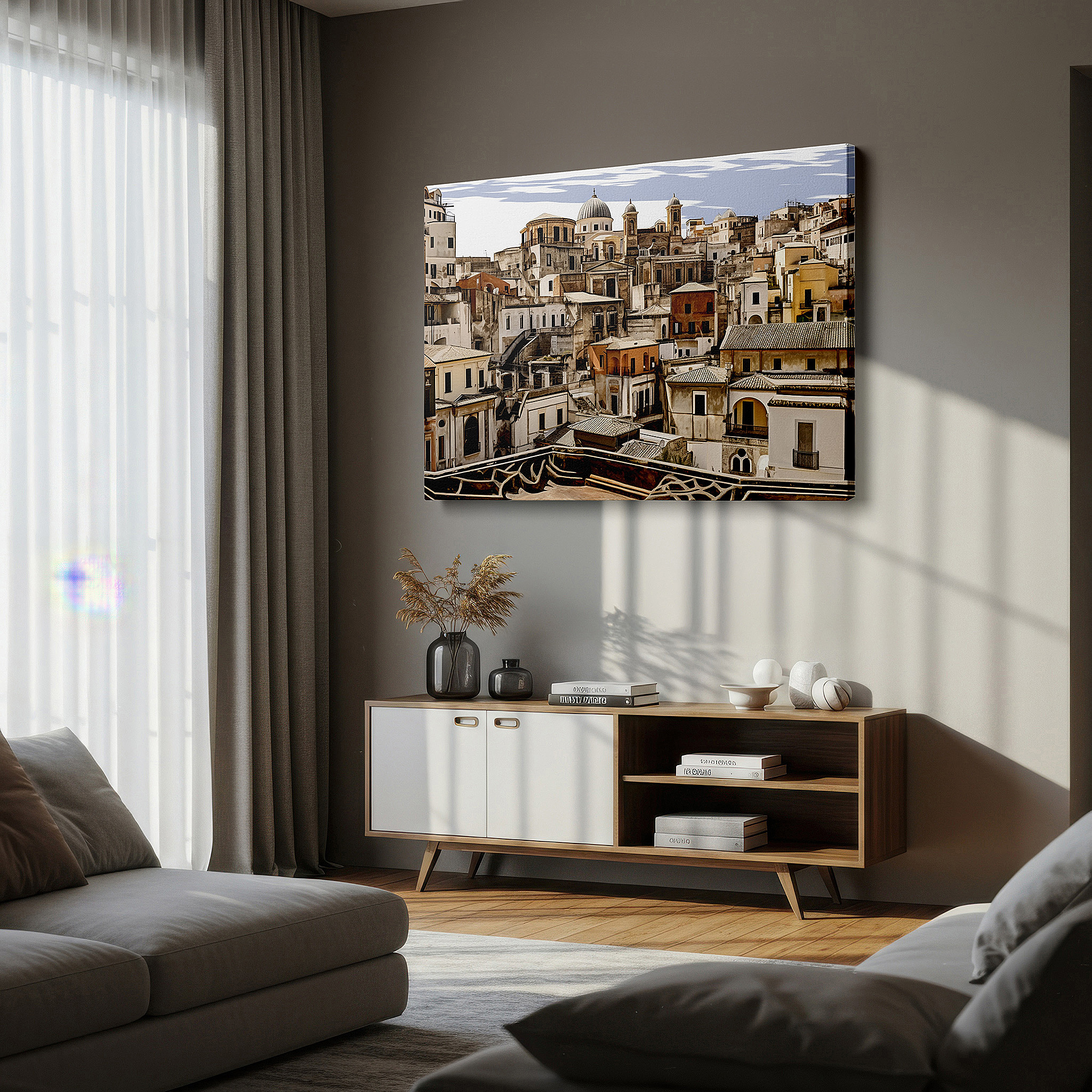 Hung in a cozy reading nook beside a floor lamp and bookshelf — italian cityscape wall art: blending historic elegance with modern innovation for office, bedroom, and living room decor