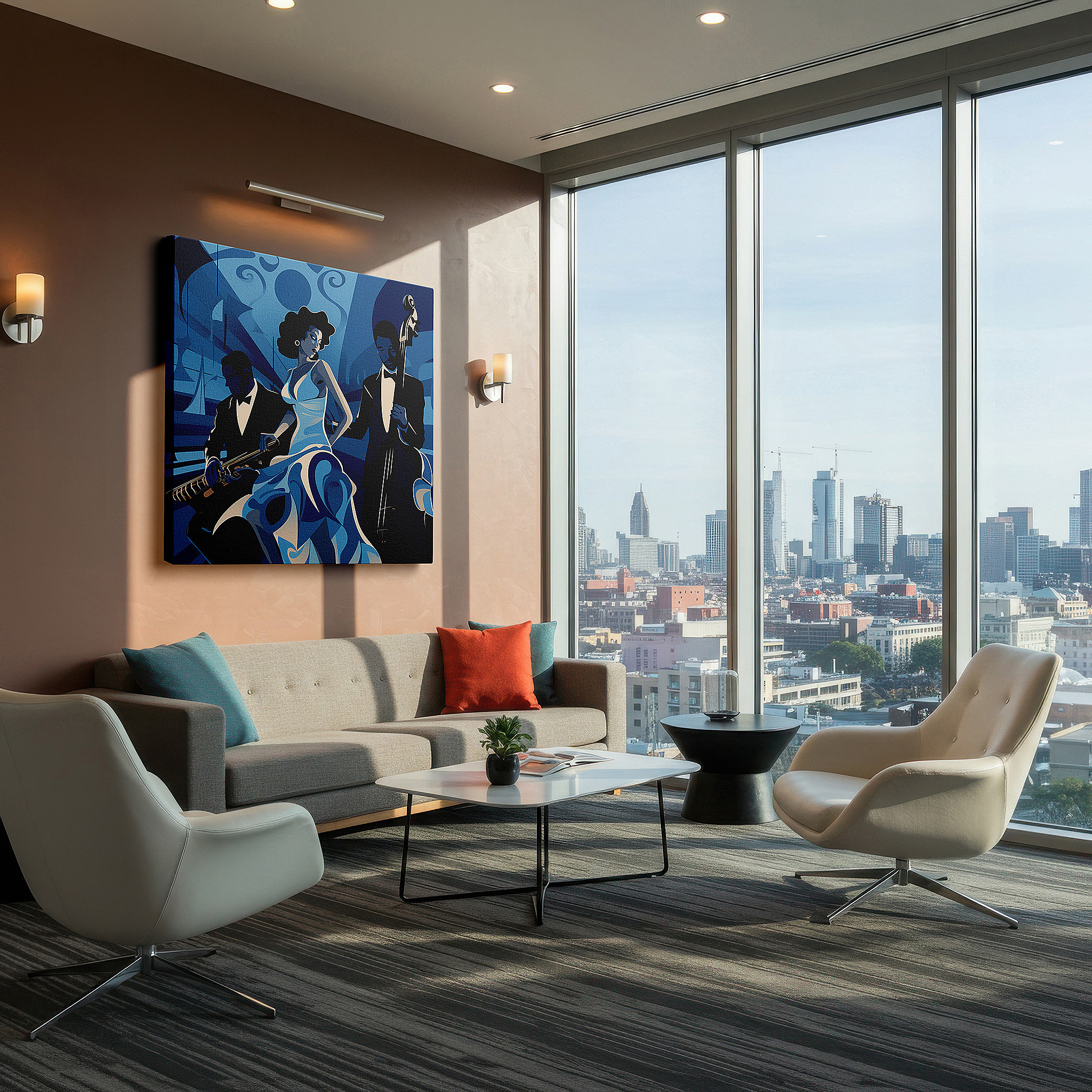Hung in a cozy reading nook beside a floor lamp and bookshelf — jazz trio soulful blues large wall art, serene shades canvas, live music essence wall decor for office