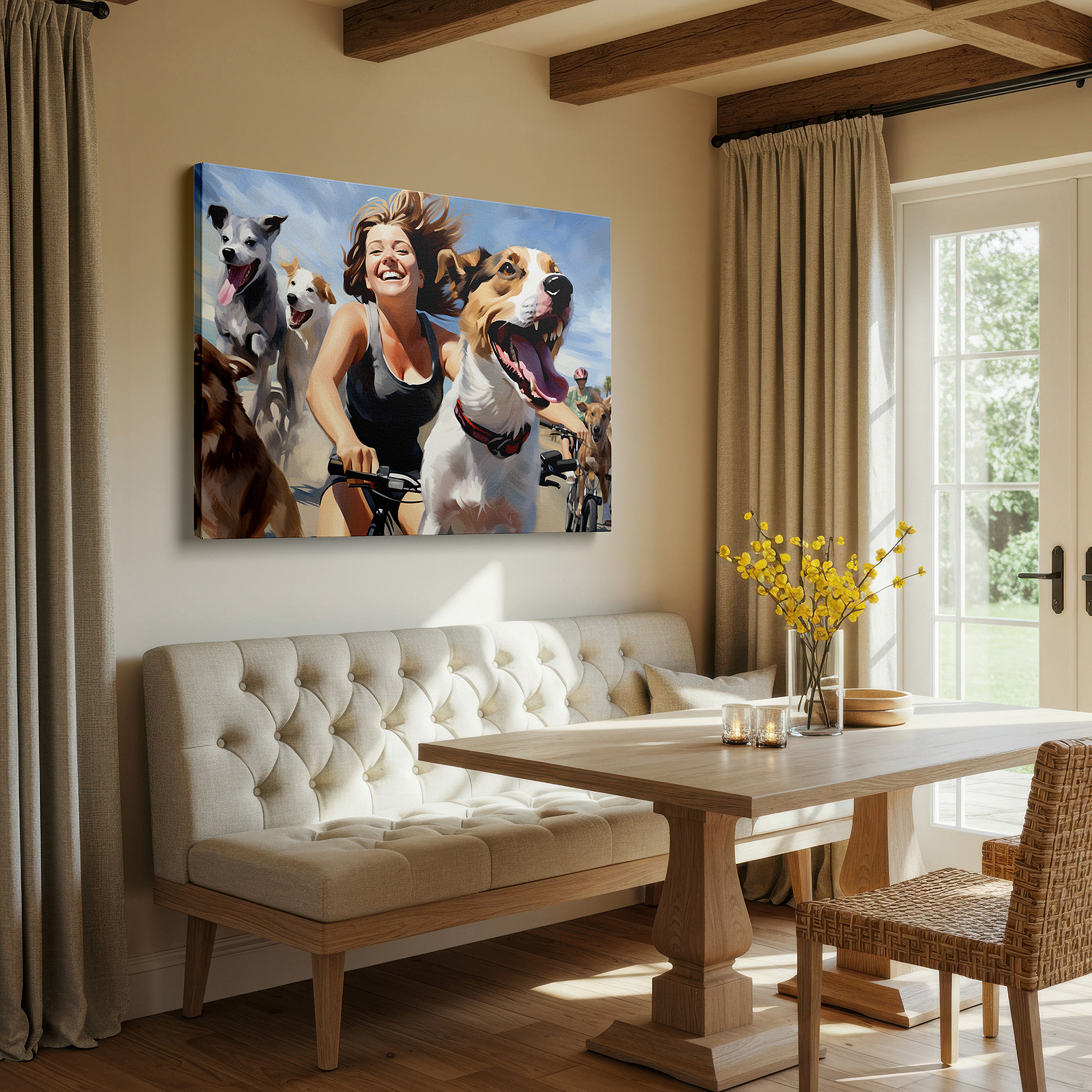 Hung in a cozy reading nook beside a floor lamp and bookshelf — joyful journey on a sunny trail with energetic dogs and a beaming woman large wall art, canvas wall art, wall decor for office and bedroom