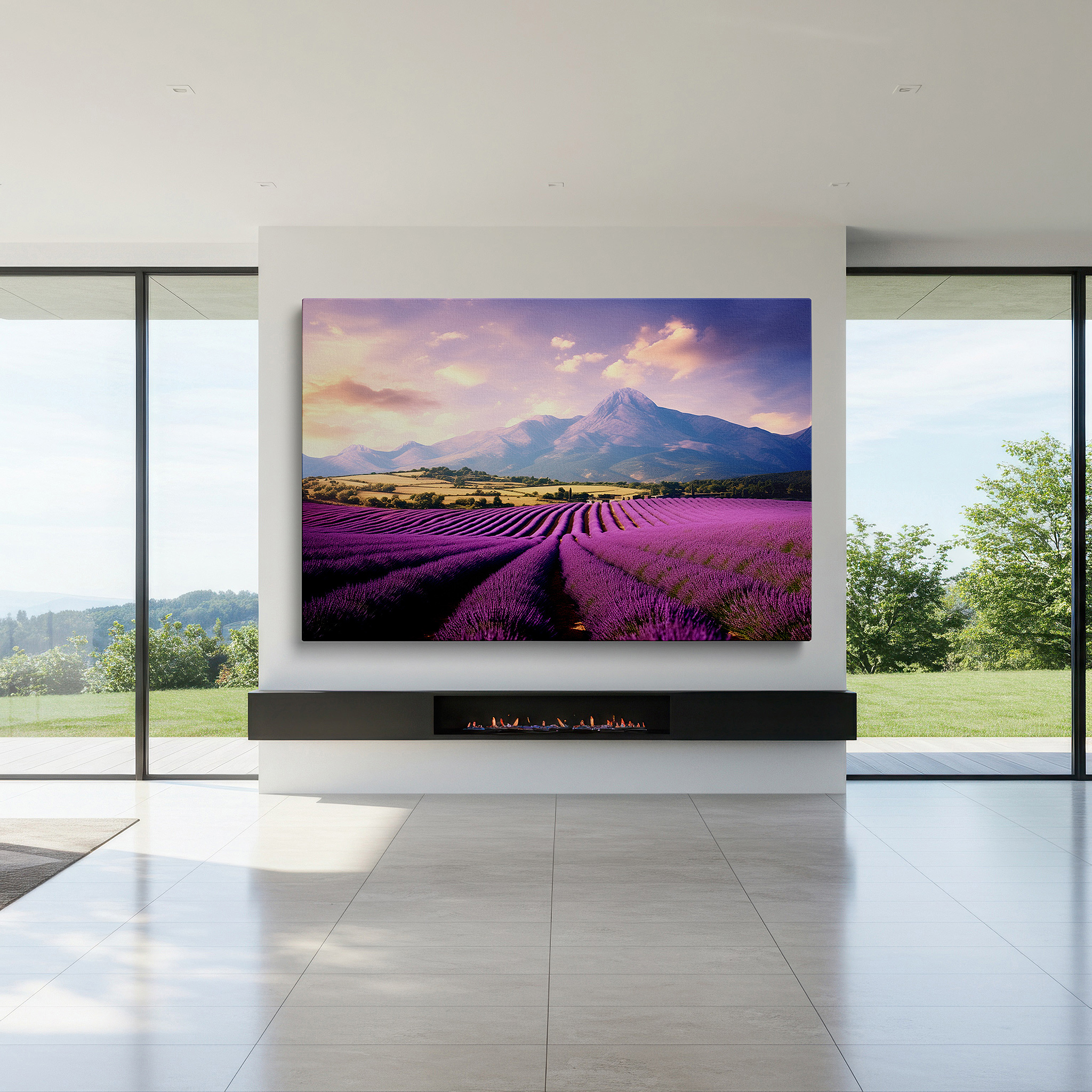 Hung in a cozy reading nook beside a floor lamp and bookshelf — lavender fields and majestic mountains under a vibrant sunset sky - large canvas wall art for office and bedroom decor