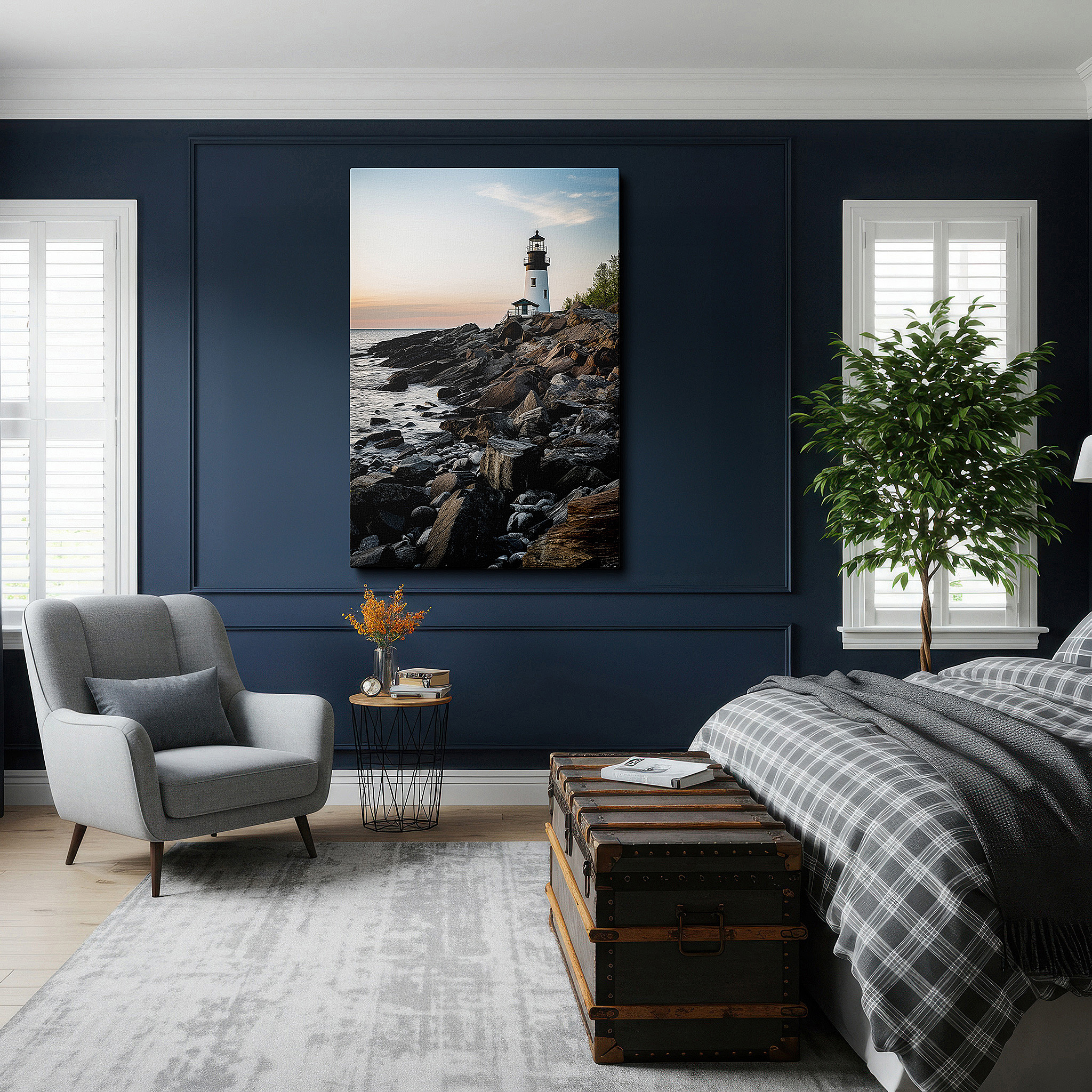 Hung in a cozy reading nook beside a floor lamp and bookshelf — lighthouse at sunset wall art: majestic beacon against tranquil coastal hues - large canvas for home and office decor
