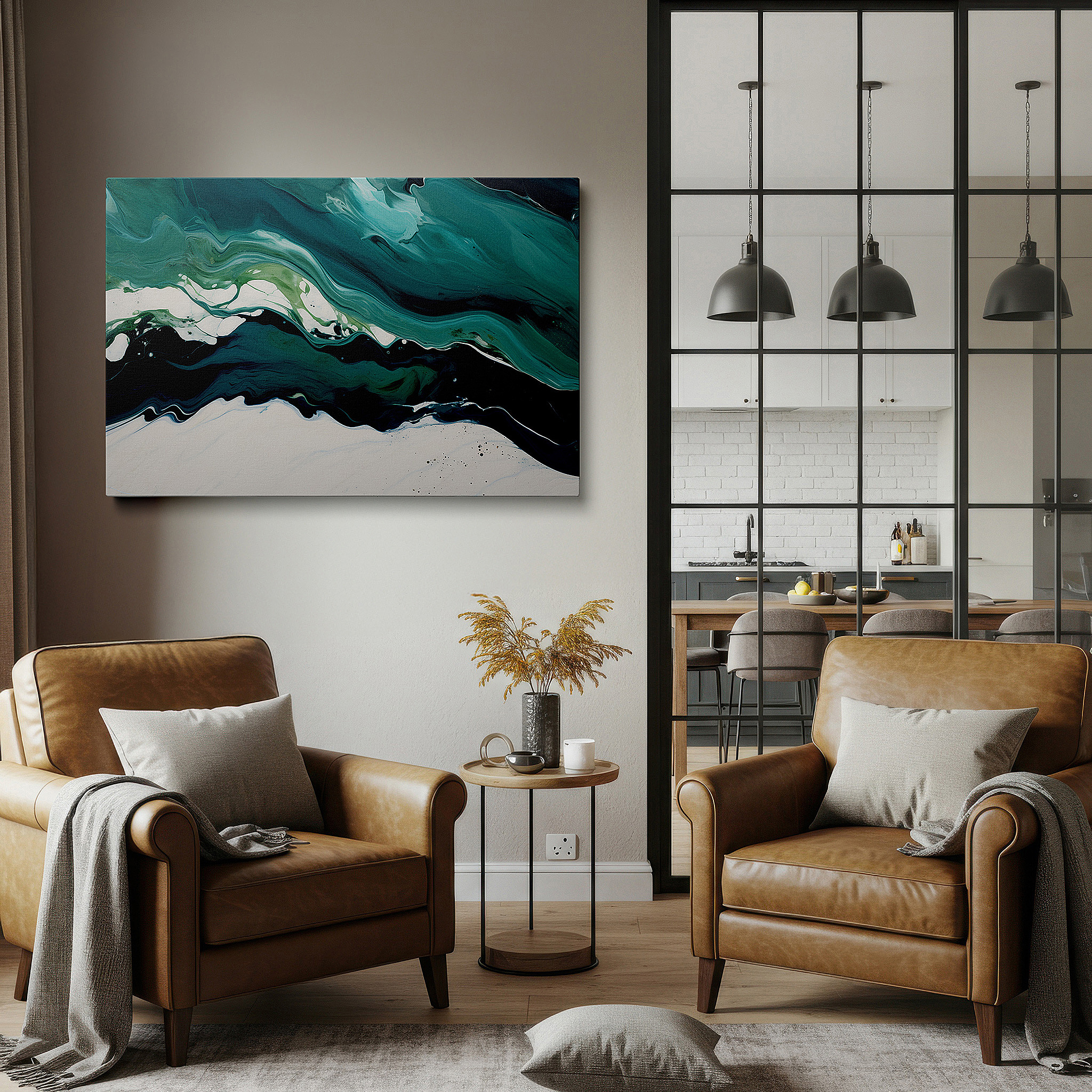 Hung in a cozy reading nook beside a floor lamp and bookshelf — lush green waves and tranquil depths: celebrating nature's serenity - large canvas wall art for office and bedroom decor