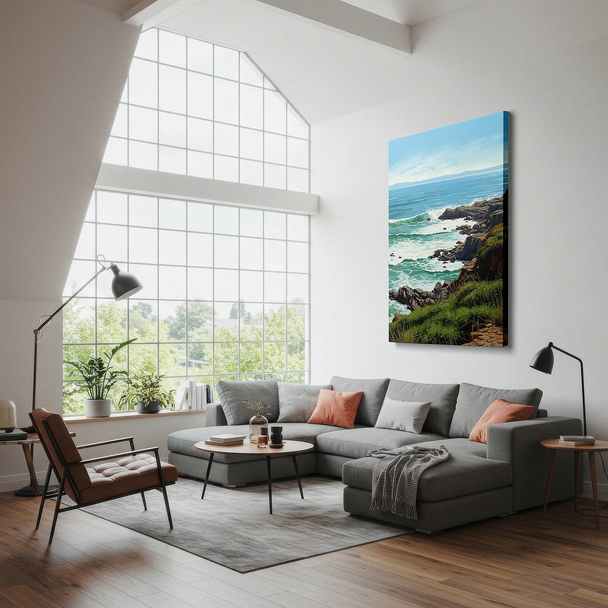 Hung in a cozy reading nook beside a floor lamp and bookshelf — lush greenery and ocean's embrace beneath a wide blue sky: large wall art, canvas wall art, wall decor for office and bedroom