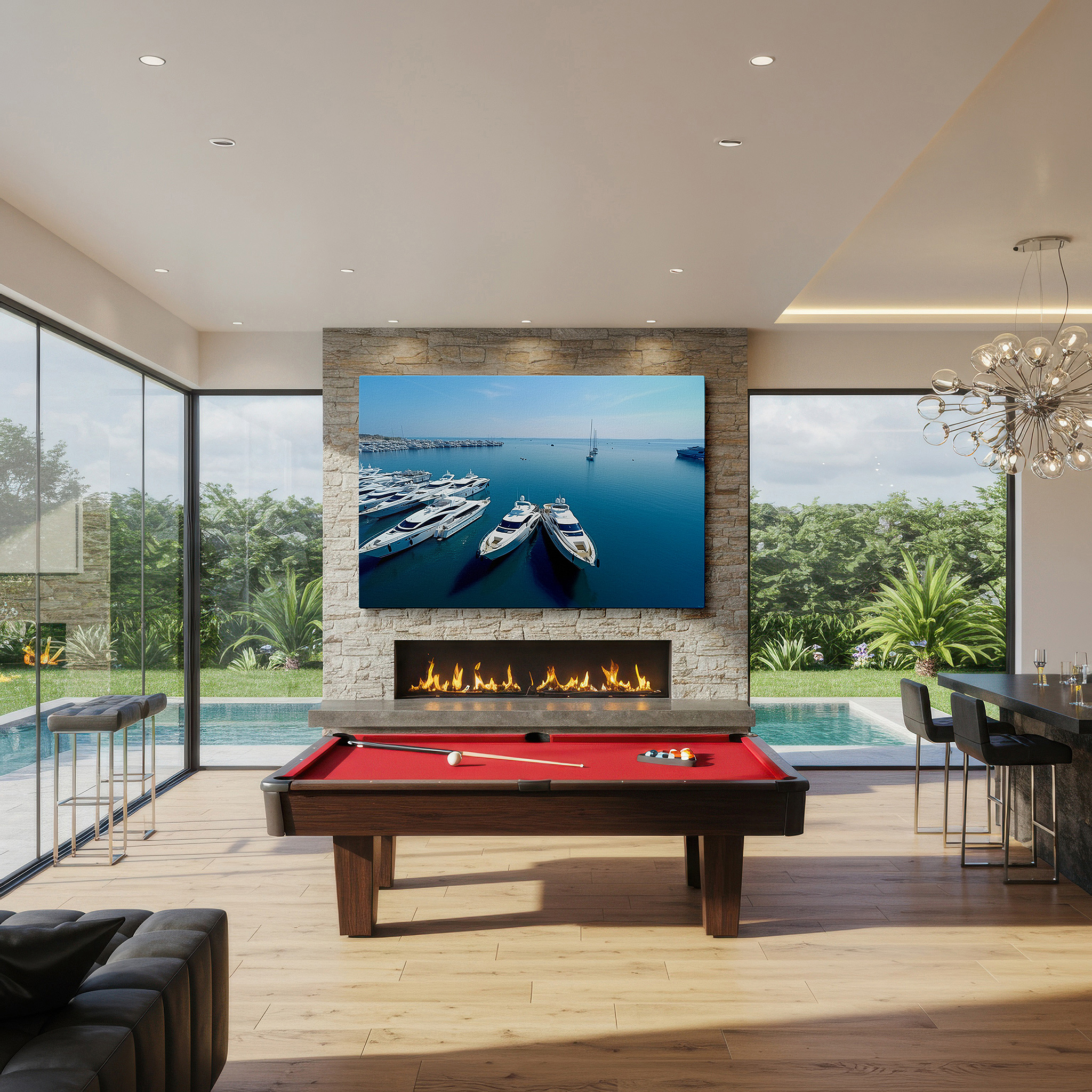 Hung in a cozy reading nook beside a floor lamp and bookshelf — luxurious yachts in crystal-clear waters reflecting serenity and opulence - large wall art, canvas wall art, wall art decor, office wall art, bedroom wall art