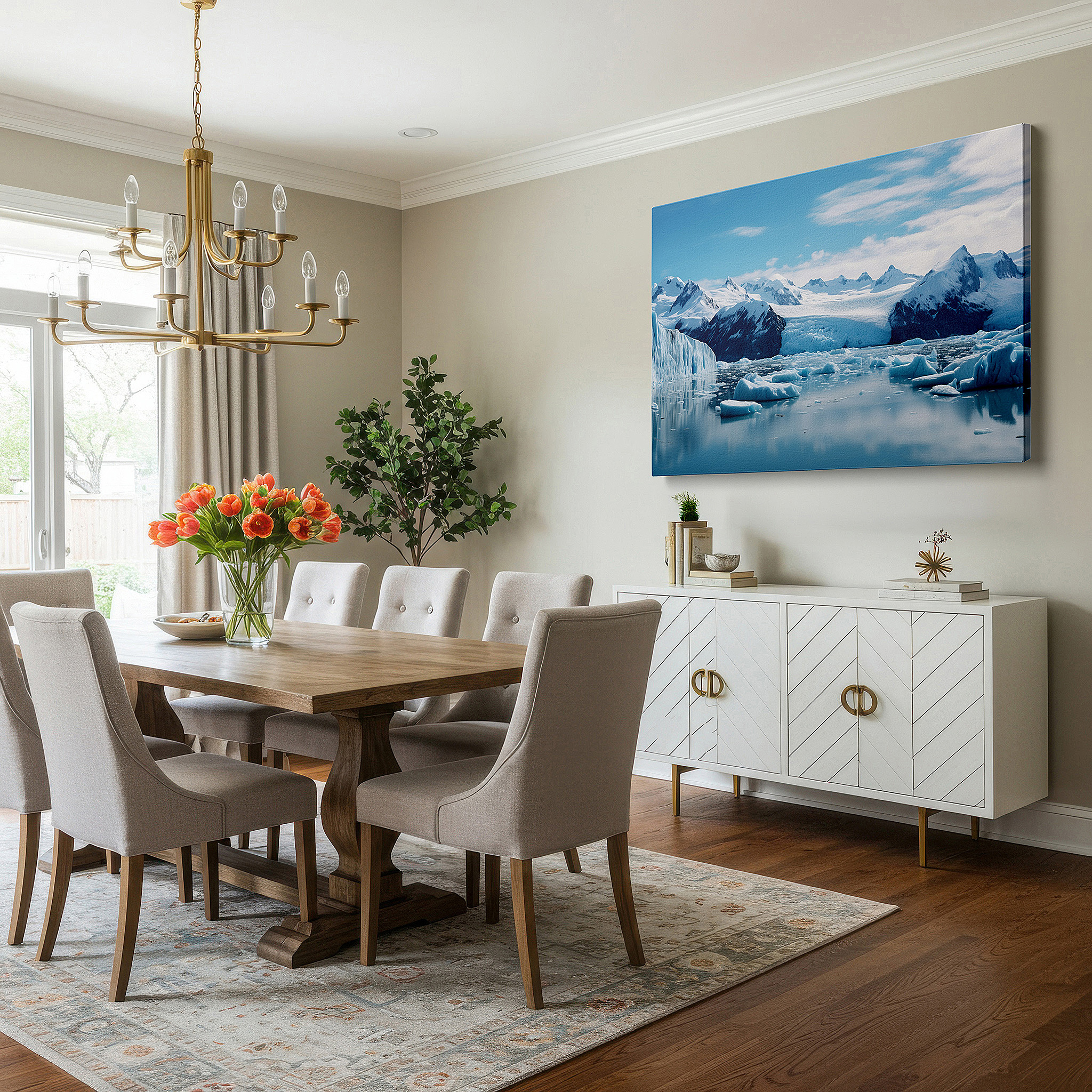 Hung in a cozy reading nook beside a floor lamp and bookshelf — majestic icebergs and towering mountains in a serene icy wilderness: large canvas wall art for office and bedroom decor